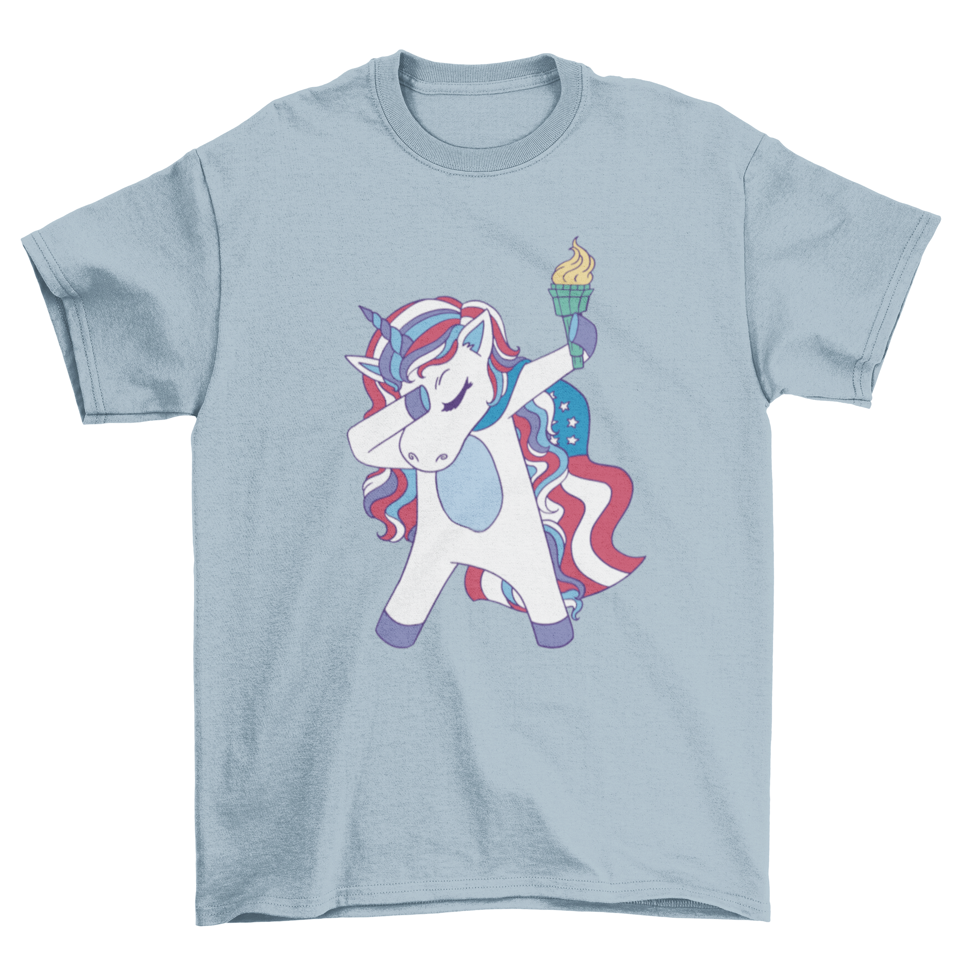 A vibrant t-shirt featuring a dabbing unicorn in USA flag colors, perfect for casual wear.