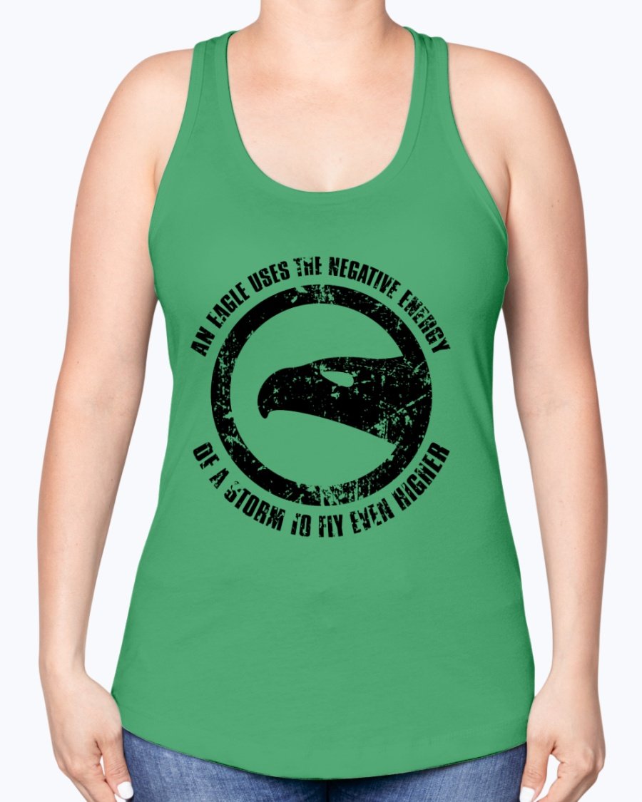 A stylish racerback tank top featuring the motivational phrase 'Use Negative Energy to Fly High Like an Eagle', made from a soft cotton-polyester blend.