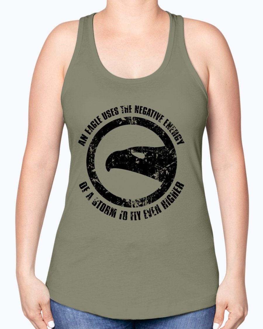 A stylish racerback tank top featuring the motivational phrase 'Use Negative Energy to Fly High Like an Eagle', made from a soft cotton-polyester blend.