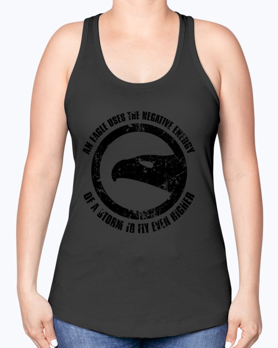 A stylish racerback tank top featuring the motivational phrase 'Use Negative Energy to Fly High Like an Eagle', made from a soft cotton-polyester blend.