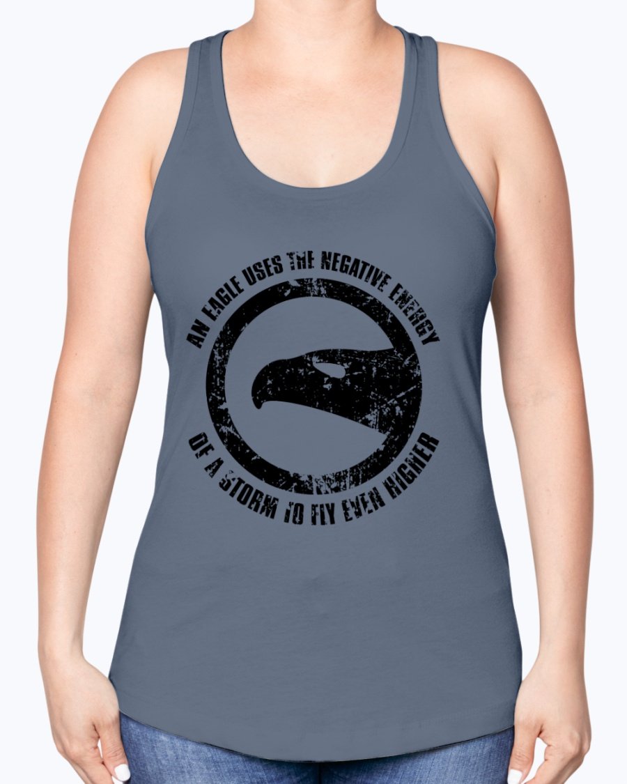 A stylish racerback tank top featuring the motivational phrase 'Use Negative Energy to Fly High Like an Eagle', made from a soft cotton-polyester blend.