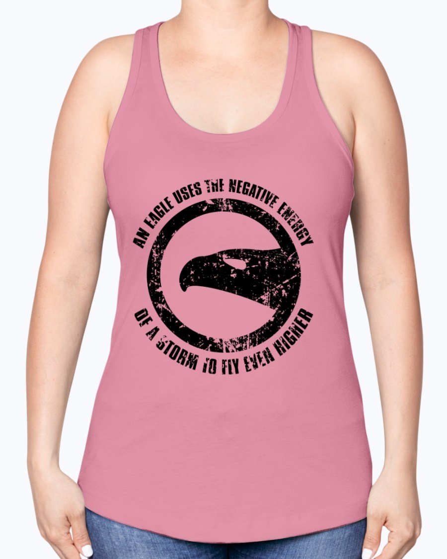 A stylish racerback tank top featuring the motivational phrase 'Use Negative Energy to Fly High Like an Eagle', made from a soft cotton-polyester blend.