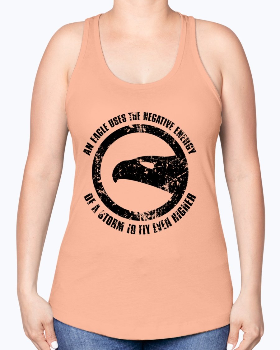 A stylish racerback tank top featuring the motivational phrase 'Use Negative Energy to Fly High Like an Eagle', made from a soft cotton-polyester blend.