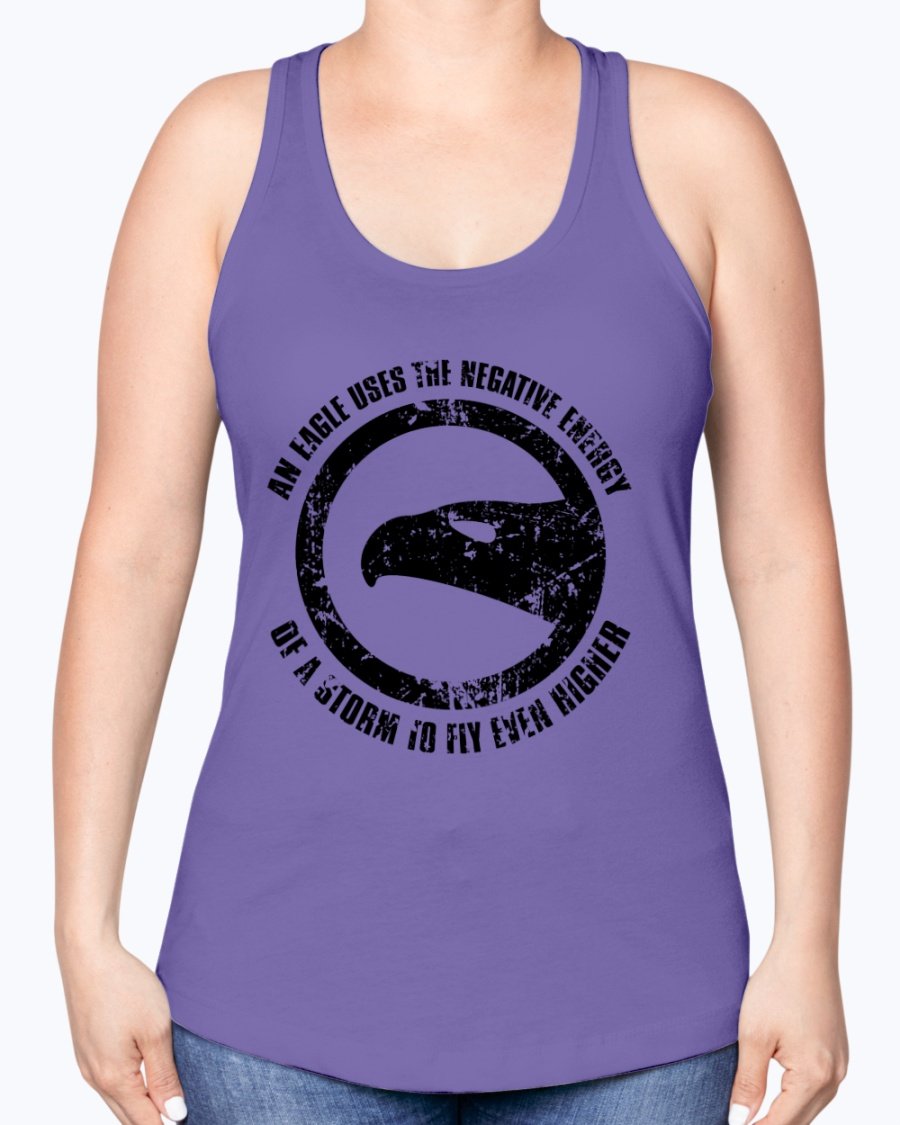 A stylish racerback tank top featuring the motivational phrase 'Use Negative Energy to Fly High Like an Eagle', made from a soft cotton-polyester blend.