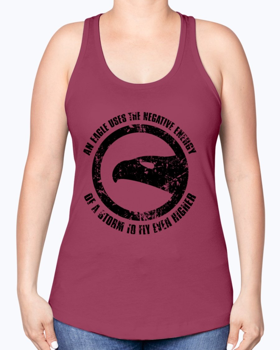 A stylish racerback tank top featuring the motivational phrase 'Use Negative Energy to Fly High Like an Eagle', made from a soft cotton-polyester blend.