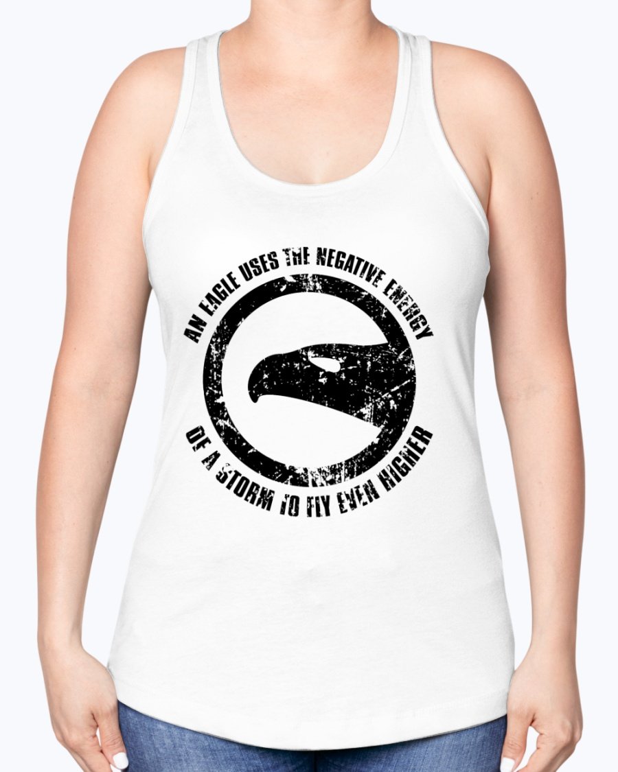 A stylish racerback tank top featuring the motivational phrase 'Use Negative Energy to Fly High Like an Eagle', made from a soft cotton-polyester blend.