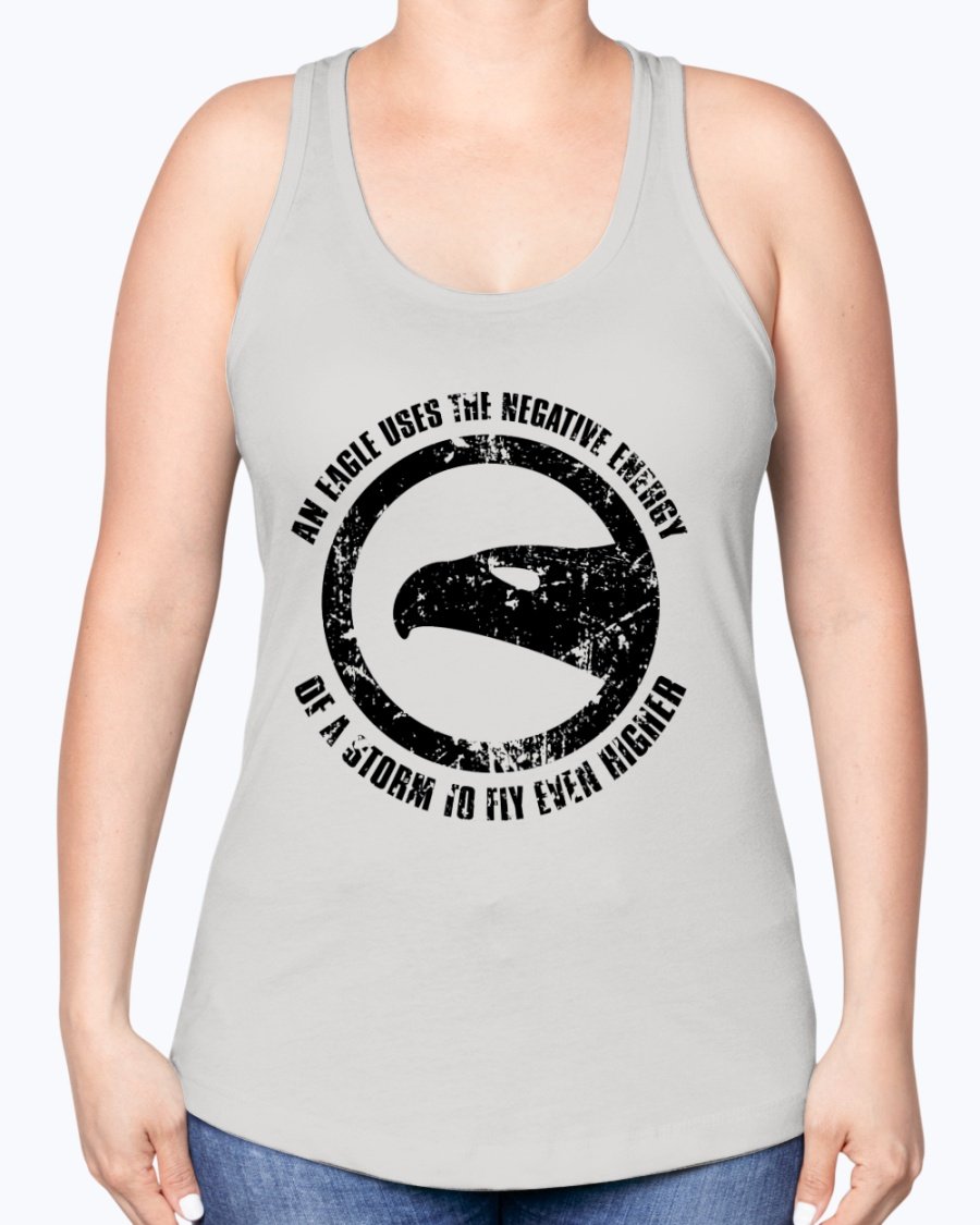 A stylish racerback tank top featuring the motivational phrase 'Use Negative Energy to Fly High Like an Eagle', made from a soft cotton-polyester blend.