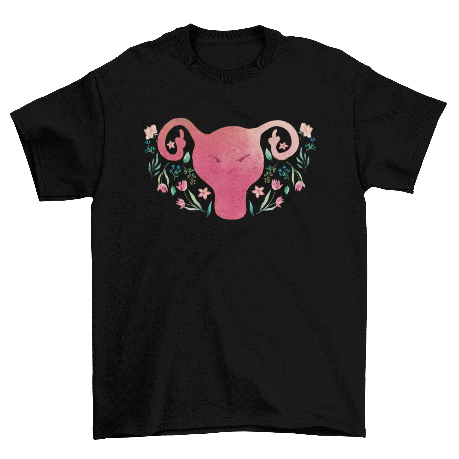 A humorous t-shirt featuring an angry uterus design giving the middle finger, showcasing a bold and funny statement.