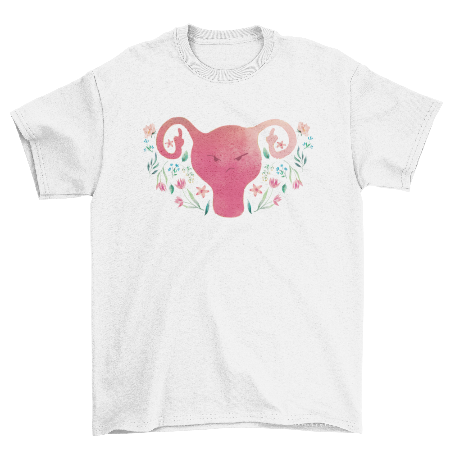 A humorous t-shirt featuring an angry uterus design giving the middle finger, showcasing a bold and funny statement.