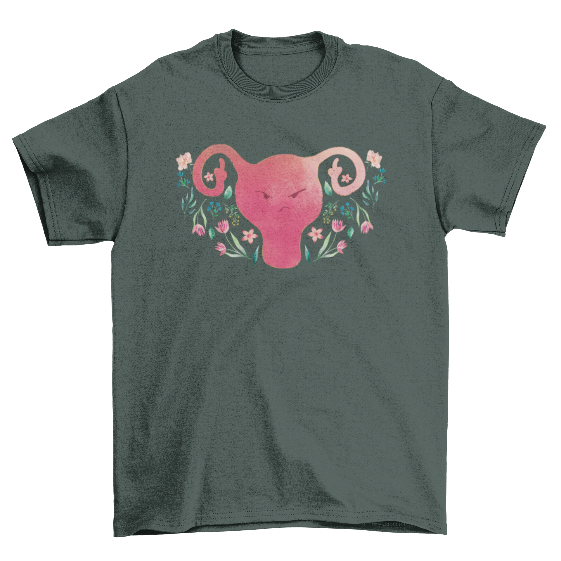 A humorous t-shirt featuring an angry uterus design giving the middle finger, showcasing a bold and funny statement.