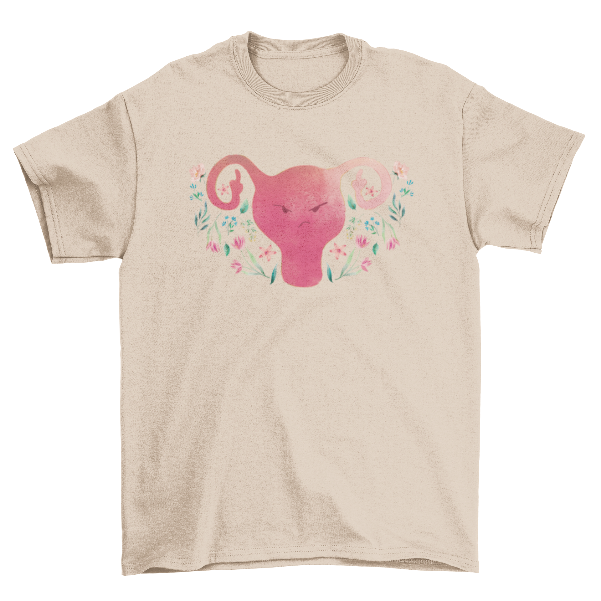 A humorous t-shirt featuring an angry uterus design giving the middle finger, showcasing a bold and funny statement.