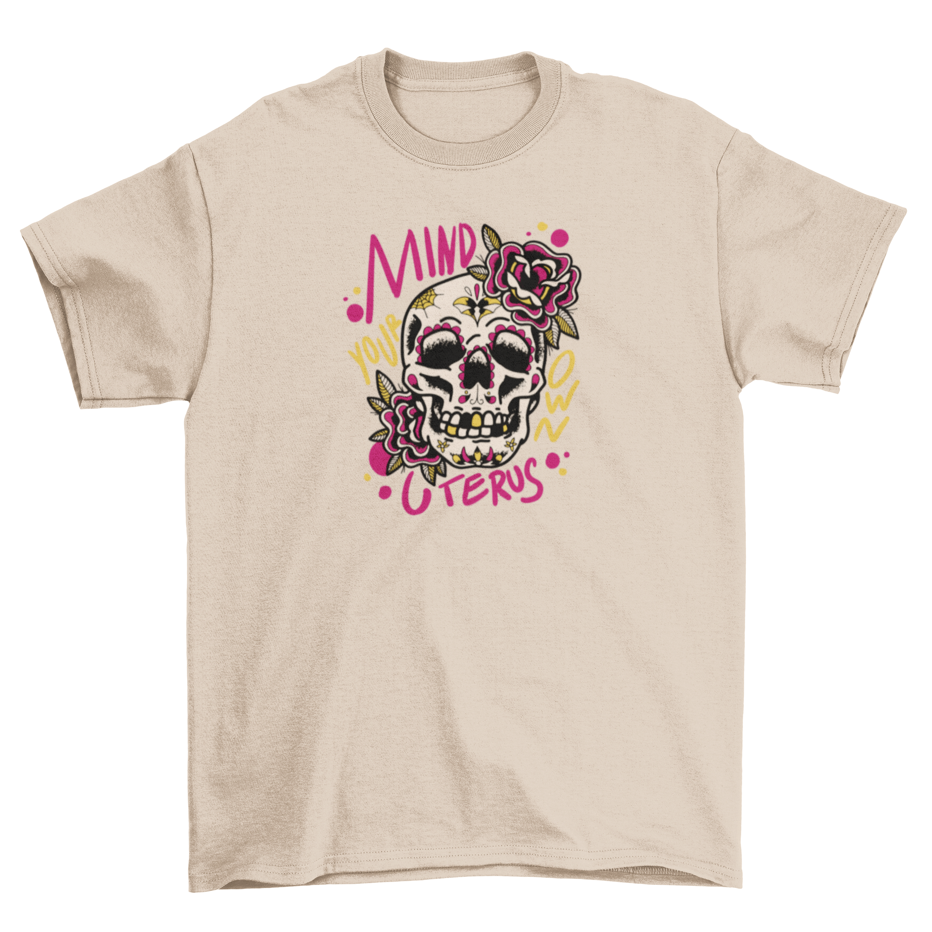 A stylish t-shirt featuring a floral skull design with the quote 'Mind your own uterus', perfect for casual wear.