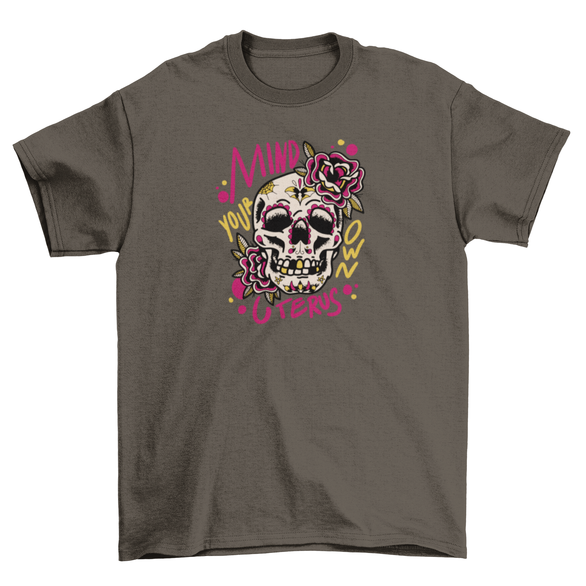 A stylish t-shirt featuring a floral skull design with the quote 'Mind your own uterus', perfect for casual wear.