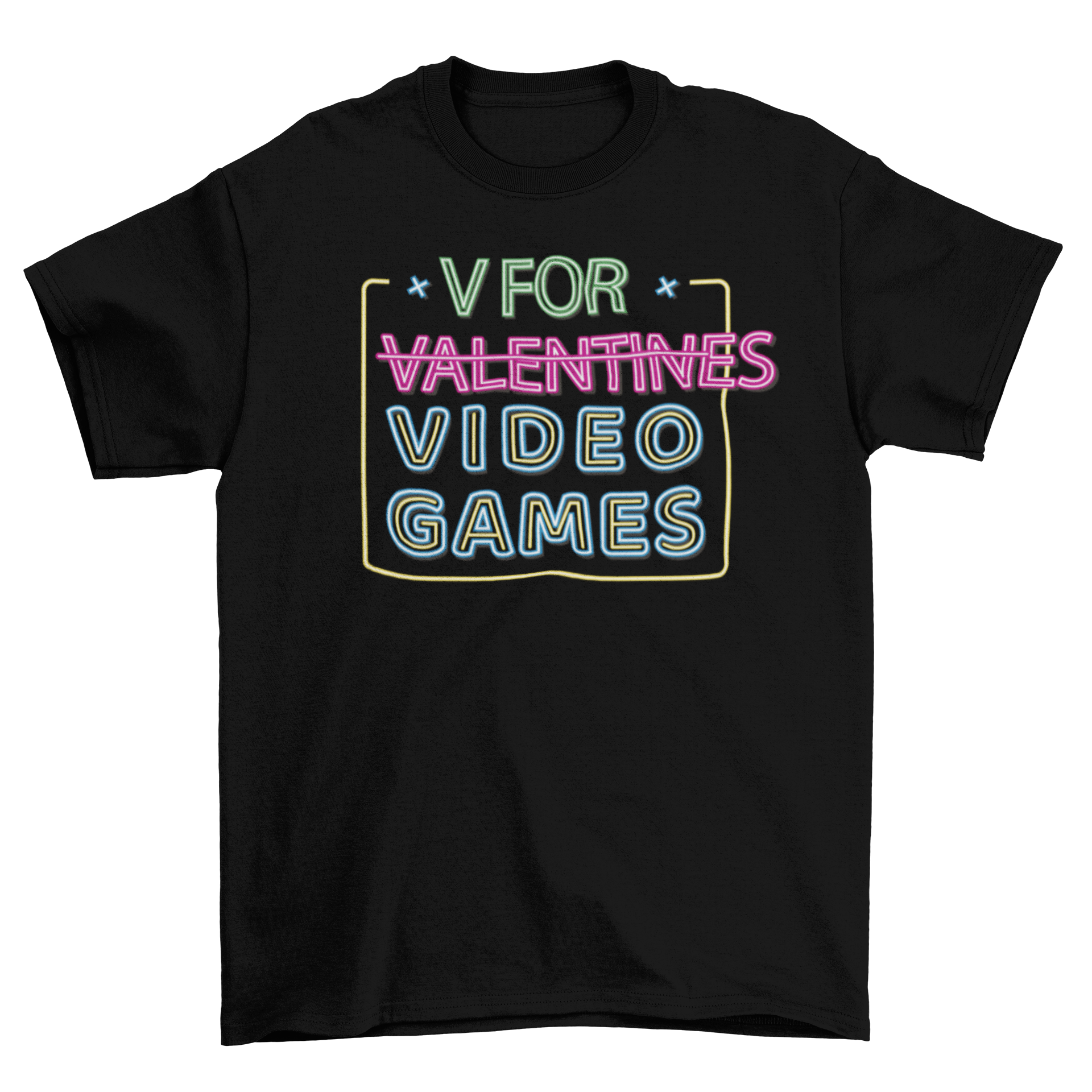 A vibrant neon t-shirt featuring the quote 'V is for Video Games', perfect for gaming enthusiasts.