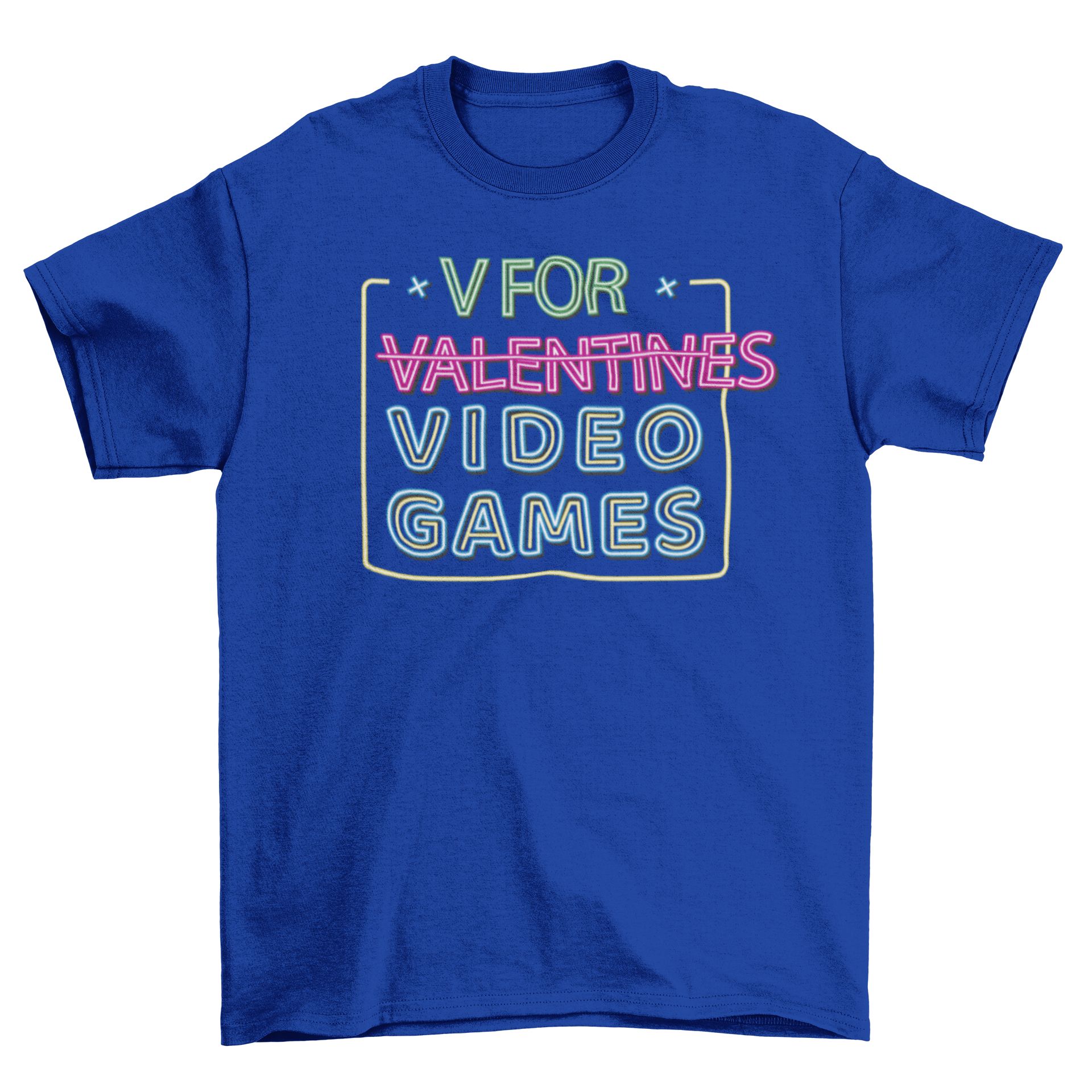 A vibrant neon t-shirt featuring the quote 'V is for Video Games', perfect for gaming enthusiasts.