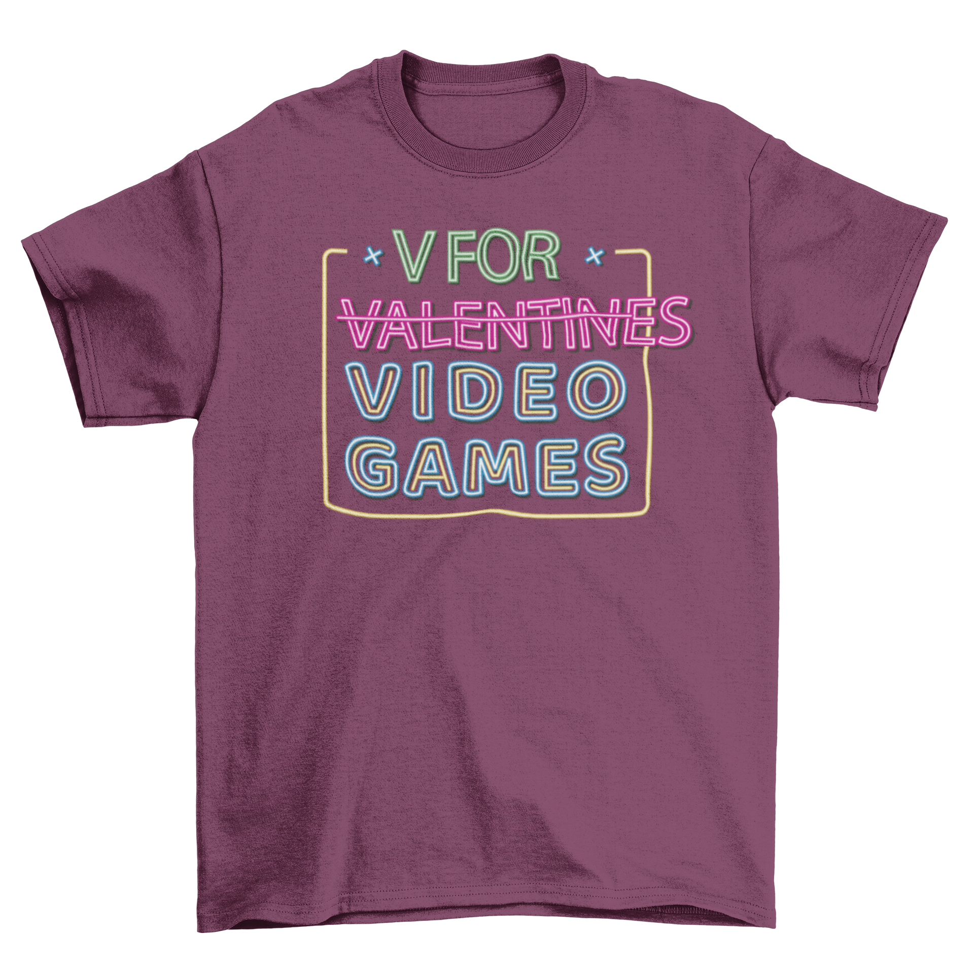 A vibrant neon t-shirt featuring the quote 'V is for Video Games', perfect for gaming enthusiasts.