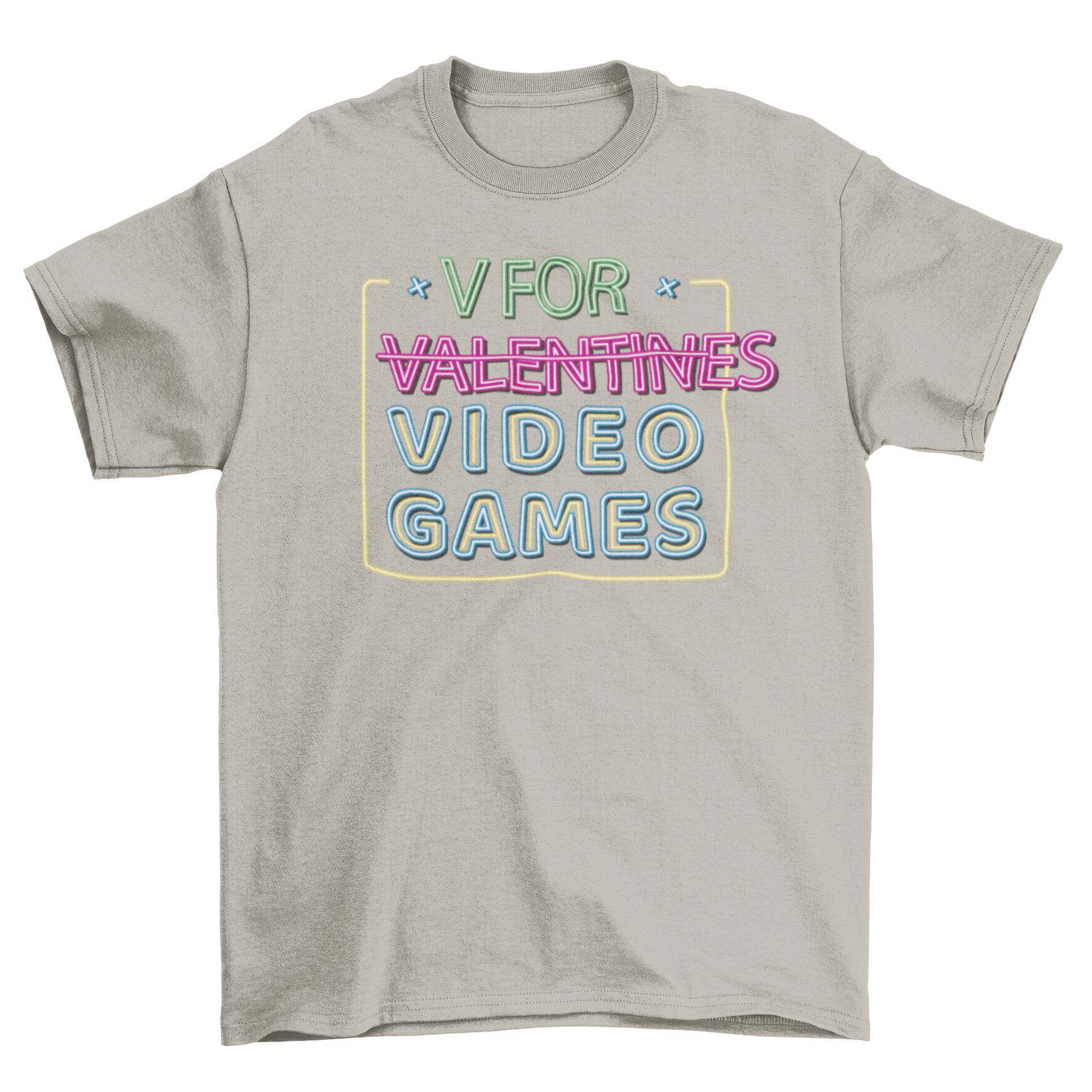 A vibrant neon t-shirt featuring the quote 'V is for Video Games', perfect for gaming enthusiasts.