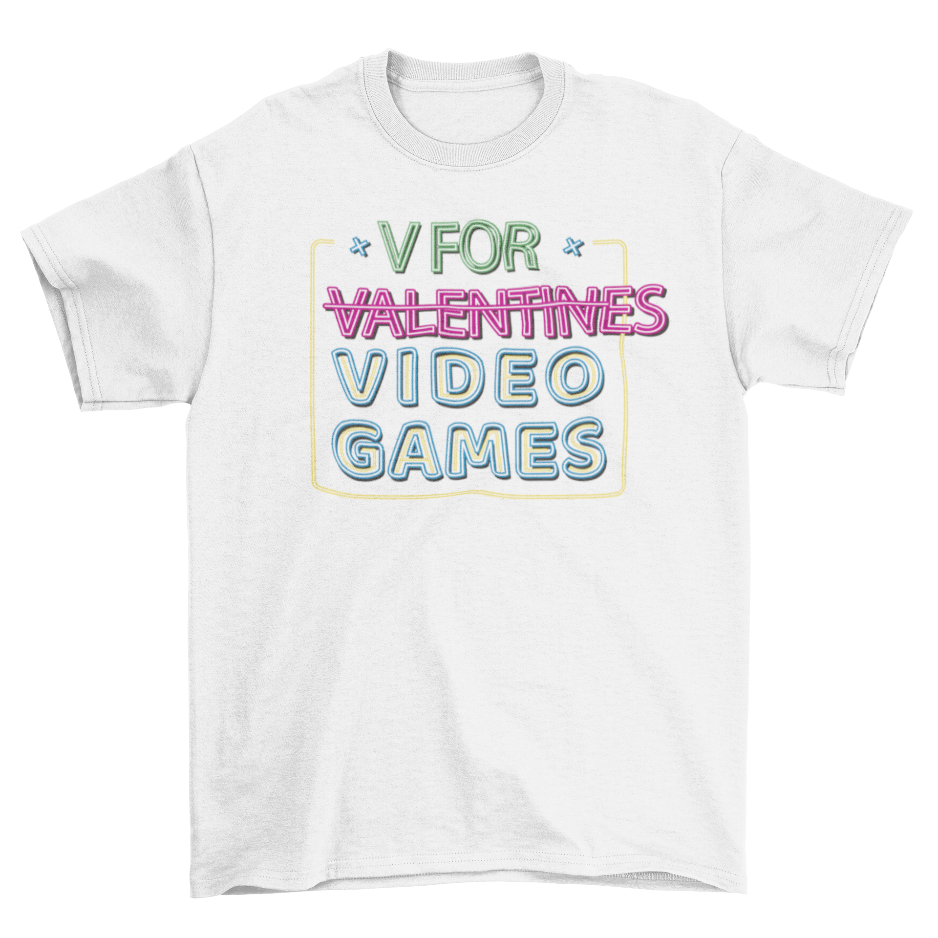 A vibrant neon t-shirt featuring the quote 'V is for Video Games', perfect for gaming enthusiasts.