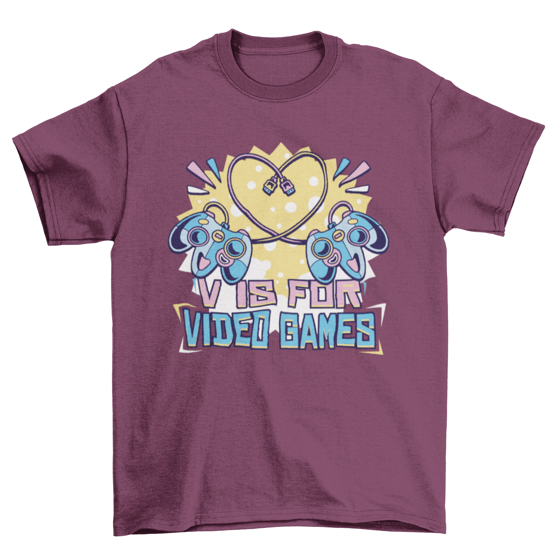 Valentine's Day t-shirt design featuring two gaming controllers forming a heart with the quote 'V is for video games'.