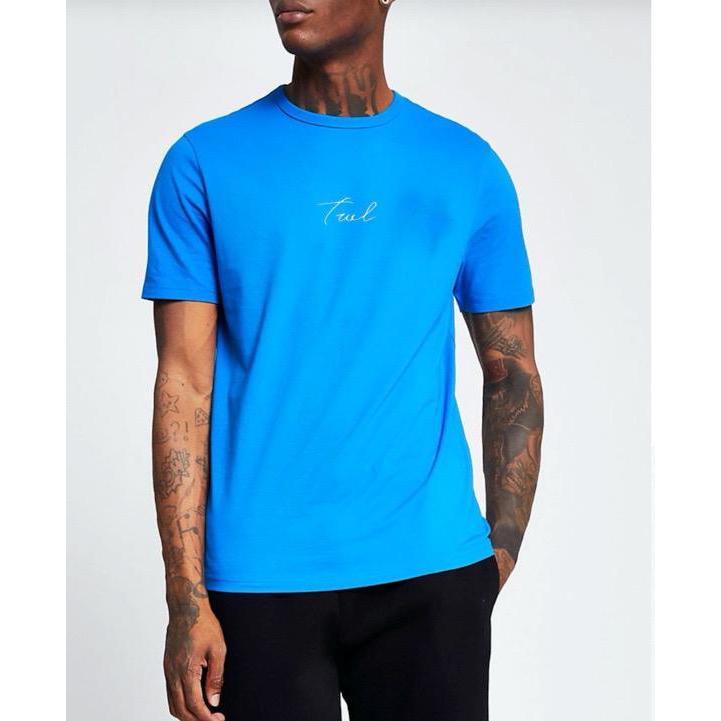 A fitted V2 Signature Blue T-Shirt made from soft cotton and spandex, featuring a white embroidered TWL logo on the chest.