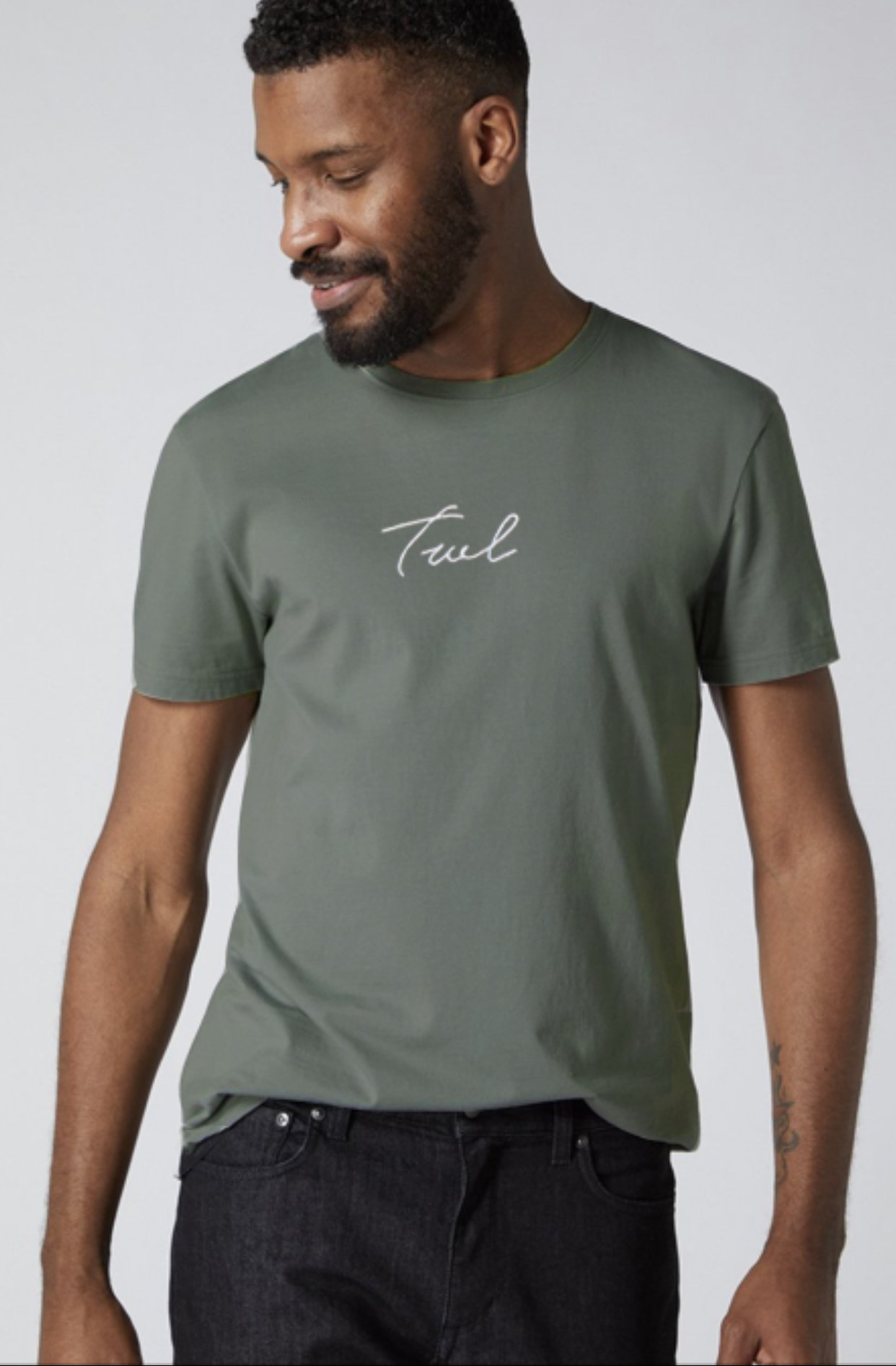 V2 Signature Khaki T-Shirt featuring fitted design and embroidered TWL logo on chest.