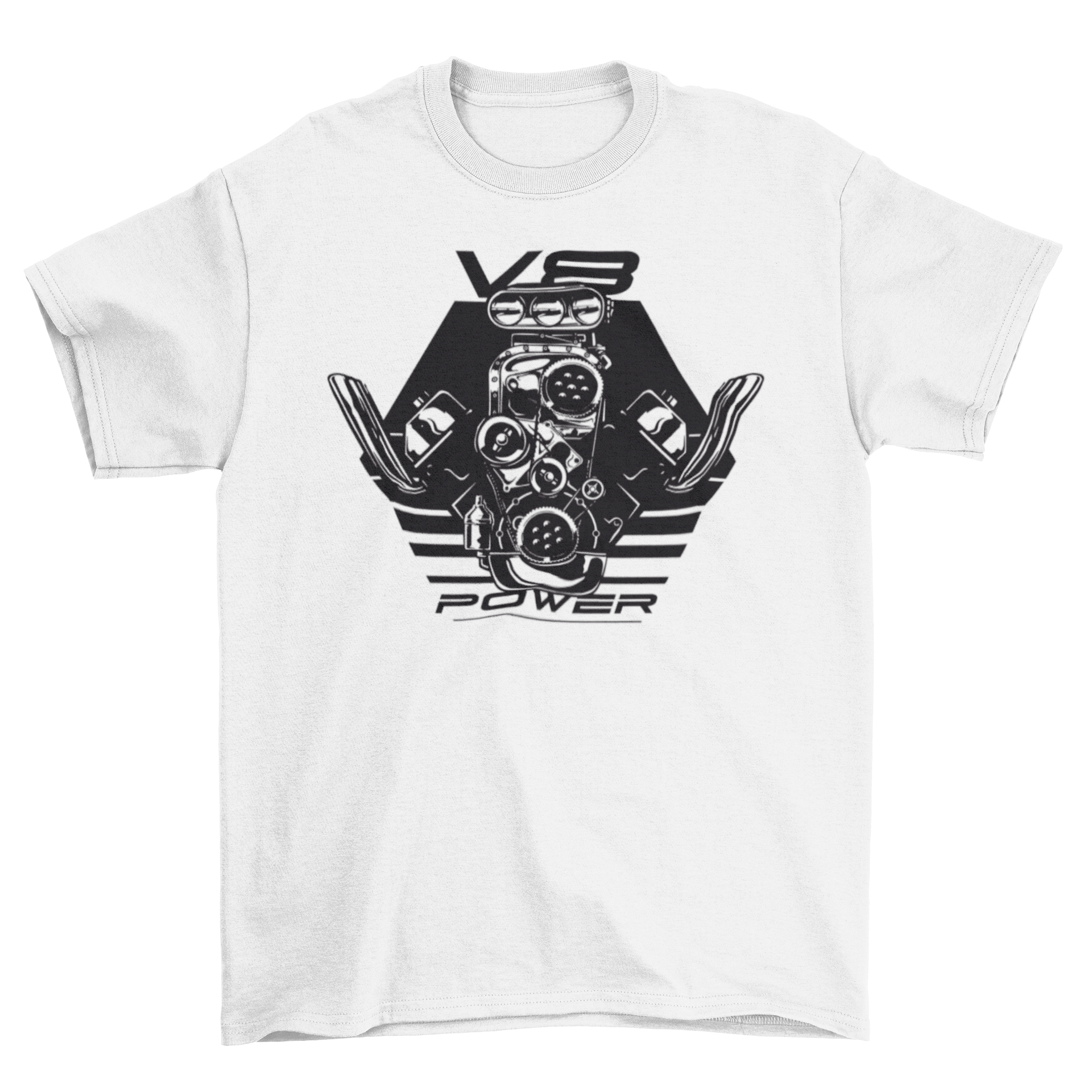 V8 Power t-shirt featuring a black and white engine design with the quote 'V8 Power'.