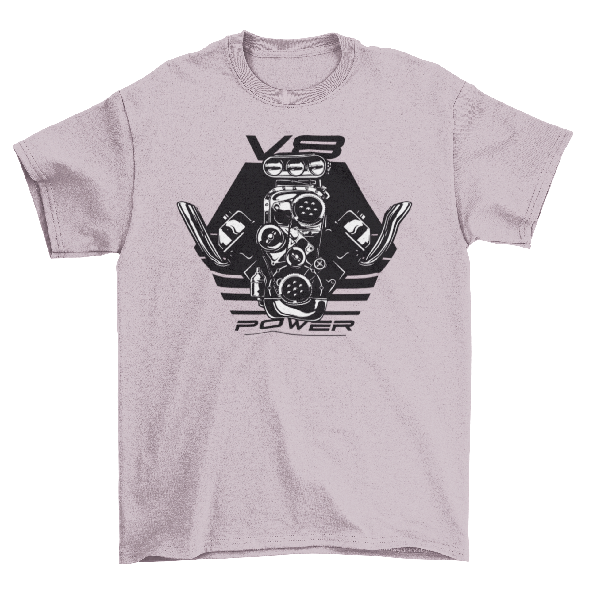 V8 Power t-shirt featuring a black and white engine design with the quote 'V8 Power'.