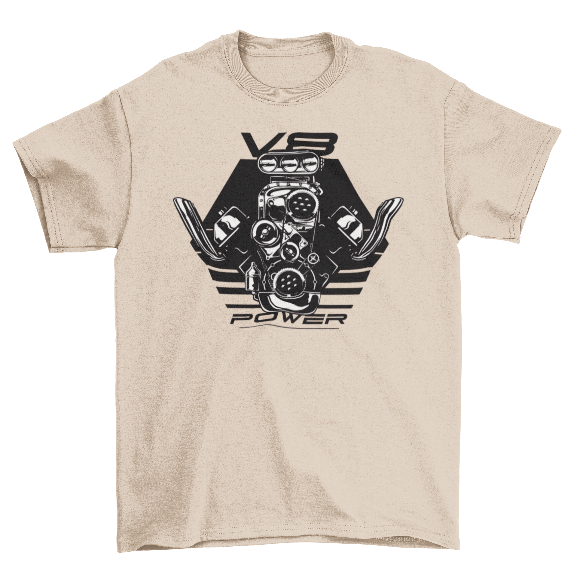 V8 Power t-shirt featuring a black and white engine design with the quote 'V8 Power'.