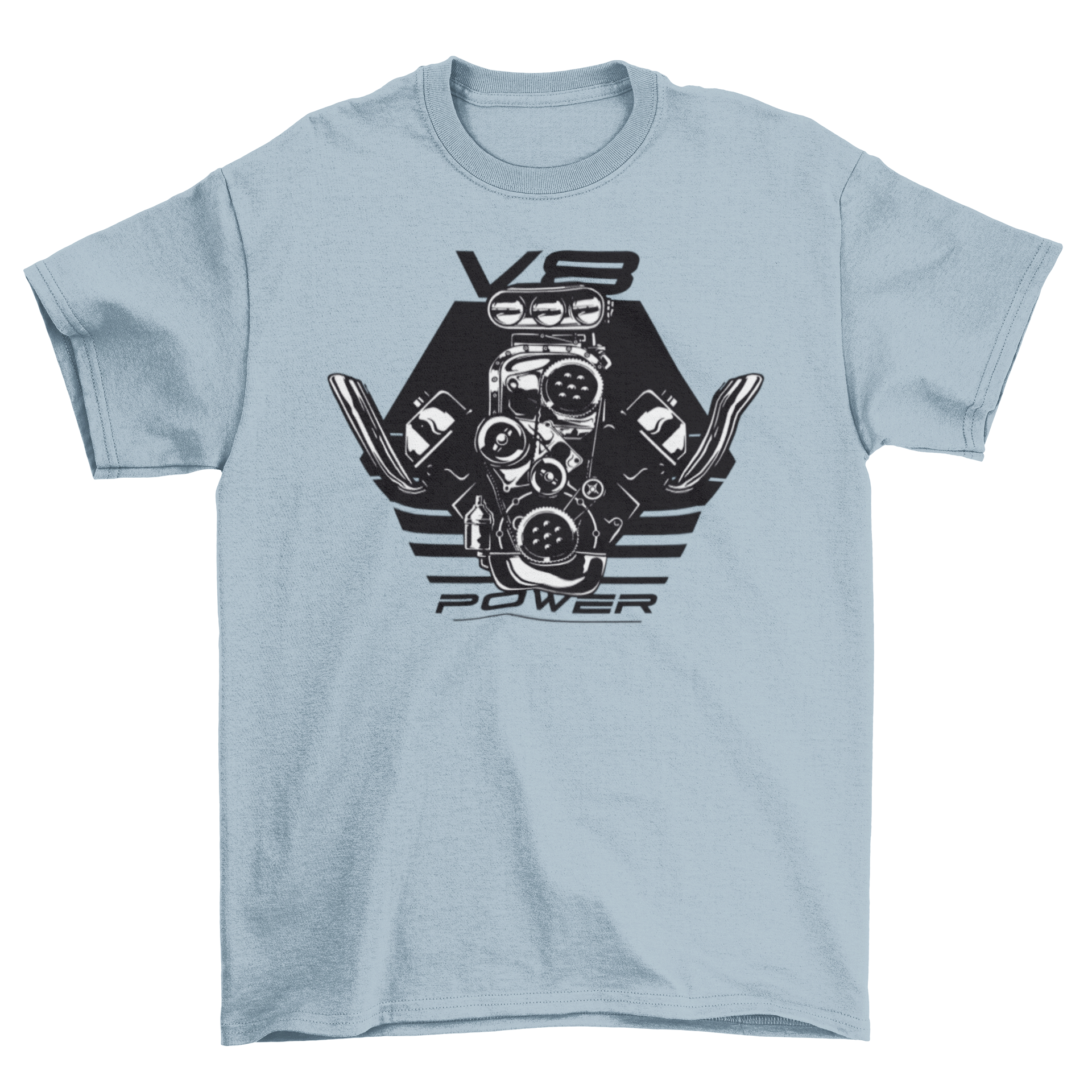 V8 Power t-shirt featuring a black and white engine design with the quote 'V8 Power'.