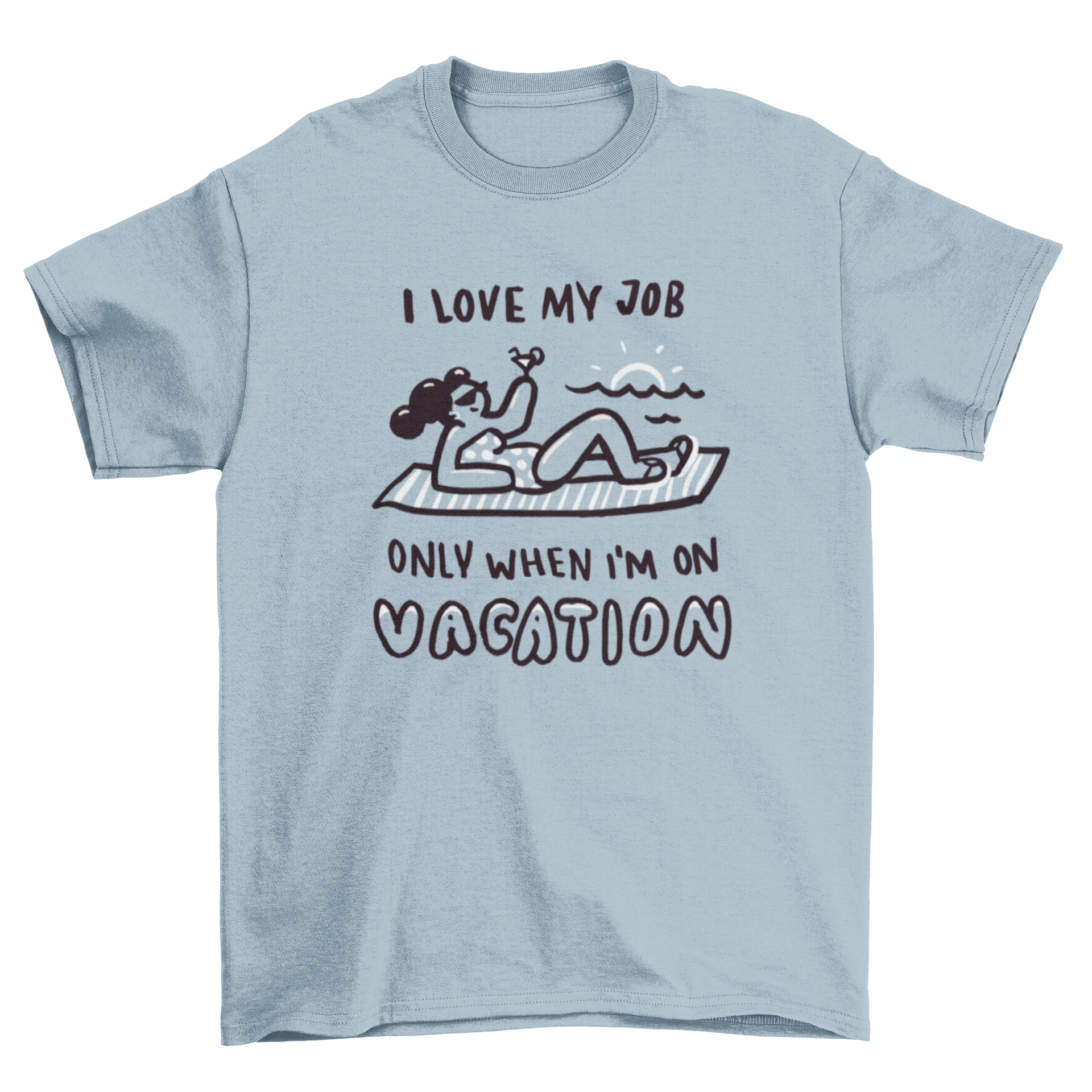 Vacation Doodle Text T-shirt featuring a woman sunbathing at the beach with playful text.