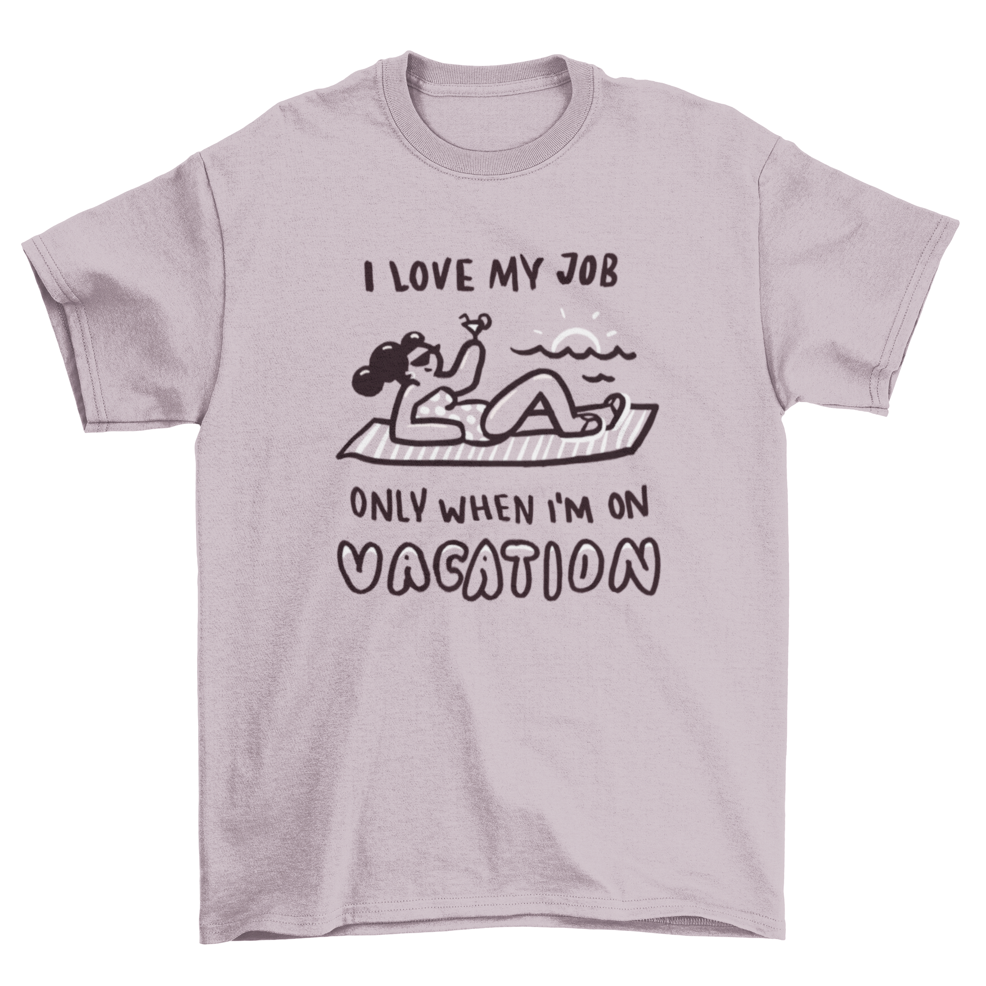 Vacation Doodle Text T-shirt featuring a woman sunbathing at the beach with playful text.