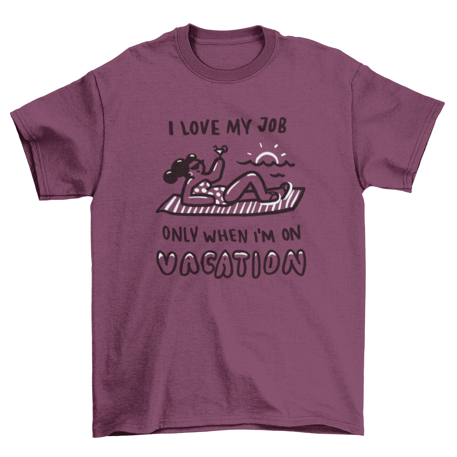 Vacation Doodle Text T-shirt featuring a woman sunbathing at the beach with playful text.