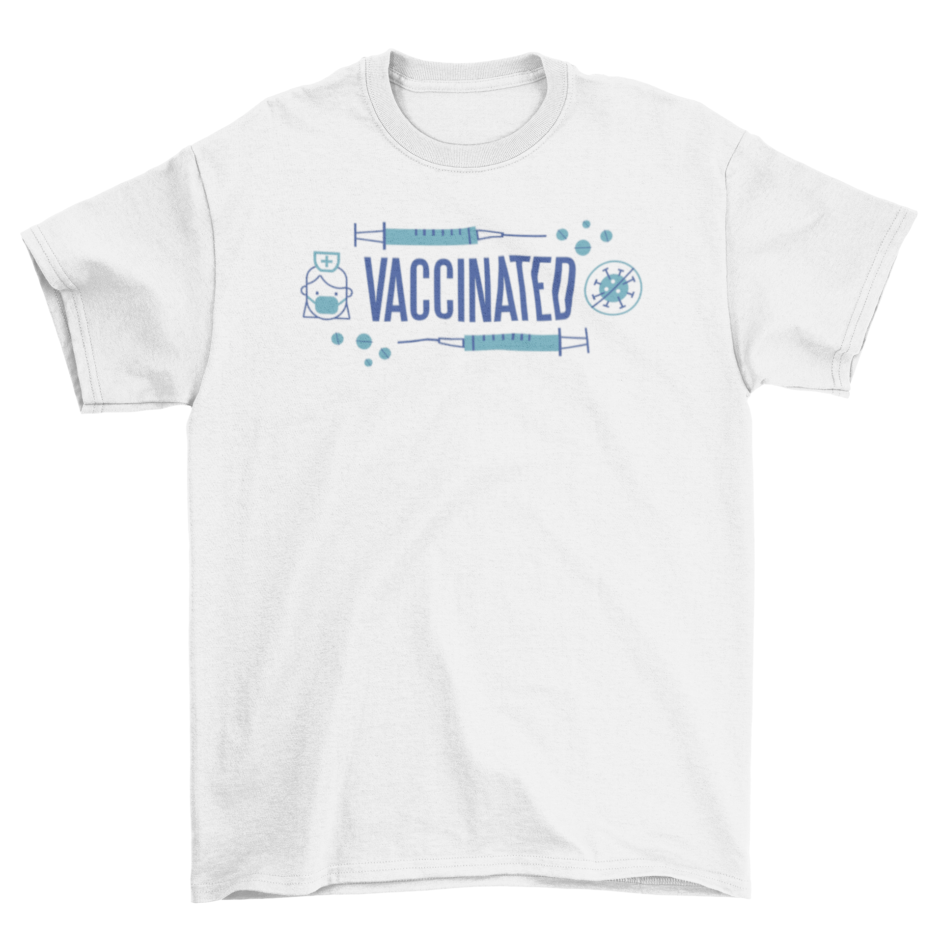 A stylish Vaccinated coronavirus t-shirt featuring vaccine icons and the quote 'Vaccinated' in bold letters.