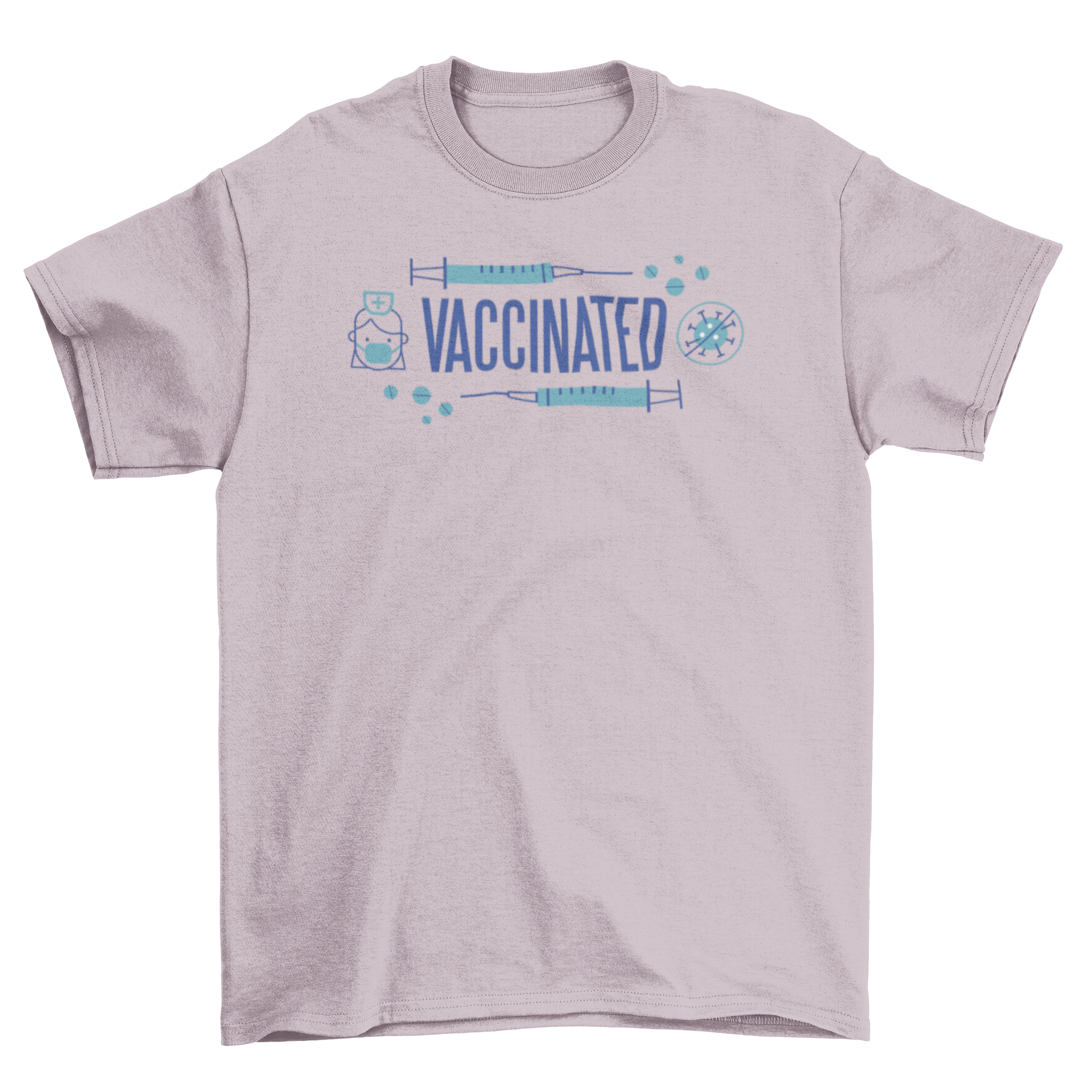 A stylish Vaccinated coronavirus t-shirt featuring vaccine icons and the quote 'Vaccinated' in bold letters.