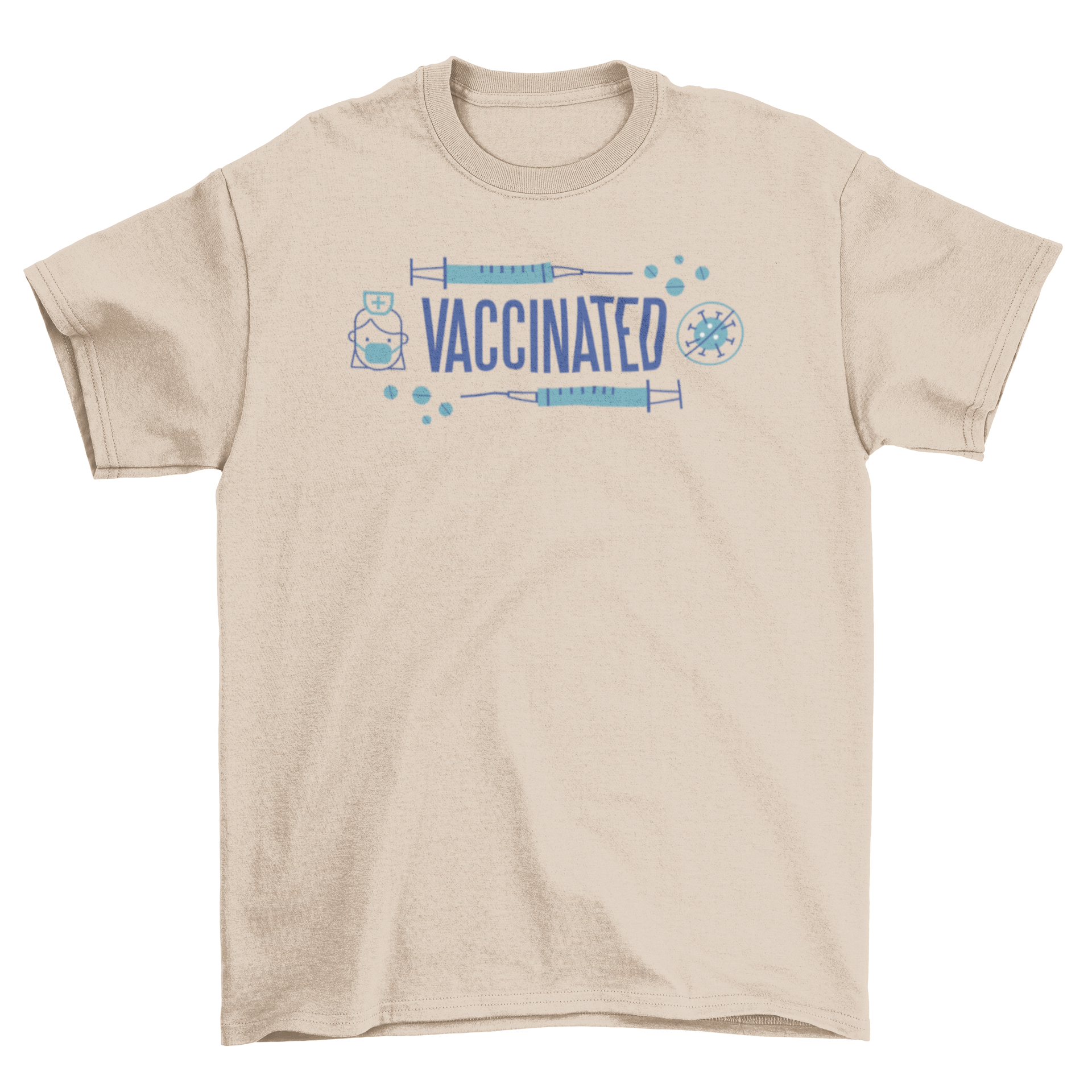 A stylish Vaccinated coronavirus t-shirt featuring vaccine icons and the quote 'Vaccinated' in bold letters.