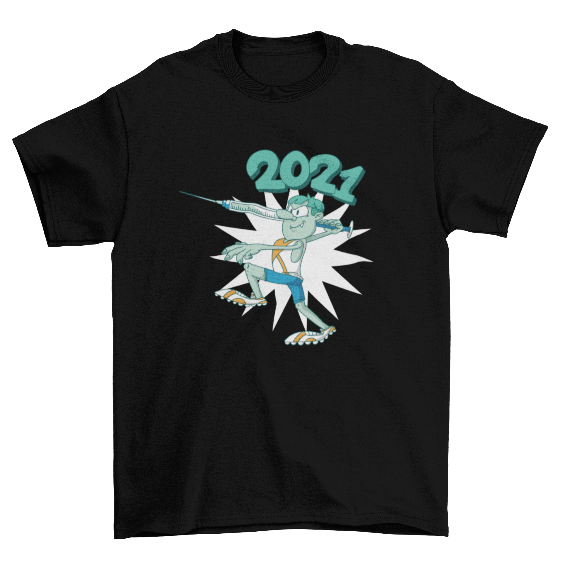 Vaccine decathlon character t-shirt design featuring a colorful character throwing a javelin with a vaccine.