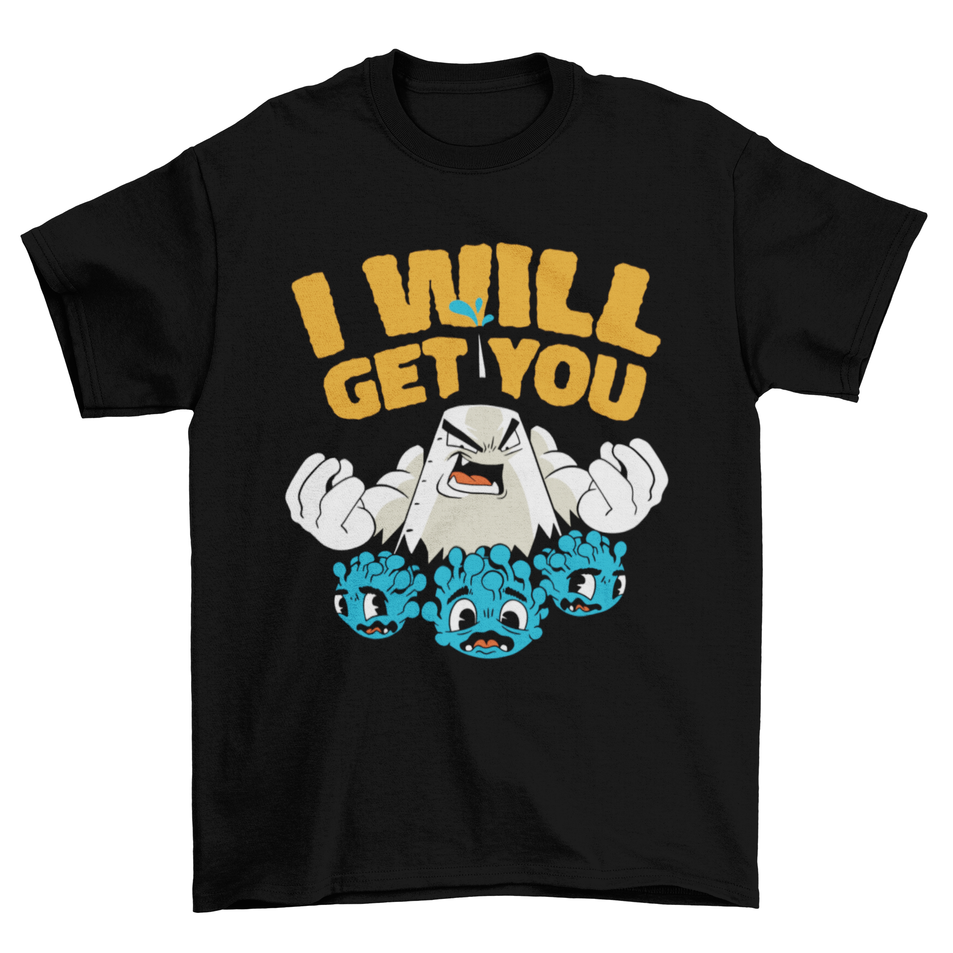 Vaccine virus cartoon t-shirt design featuring a playful vaccine and virus with the quote 'I will get you'.