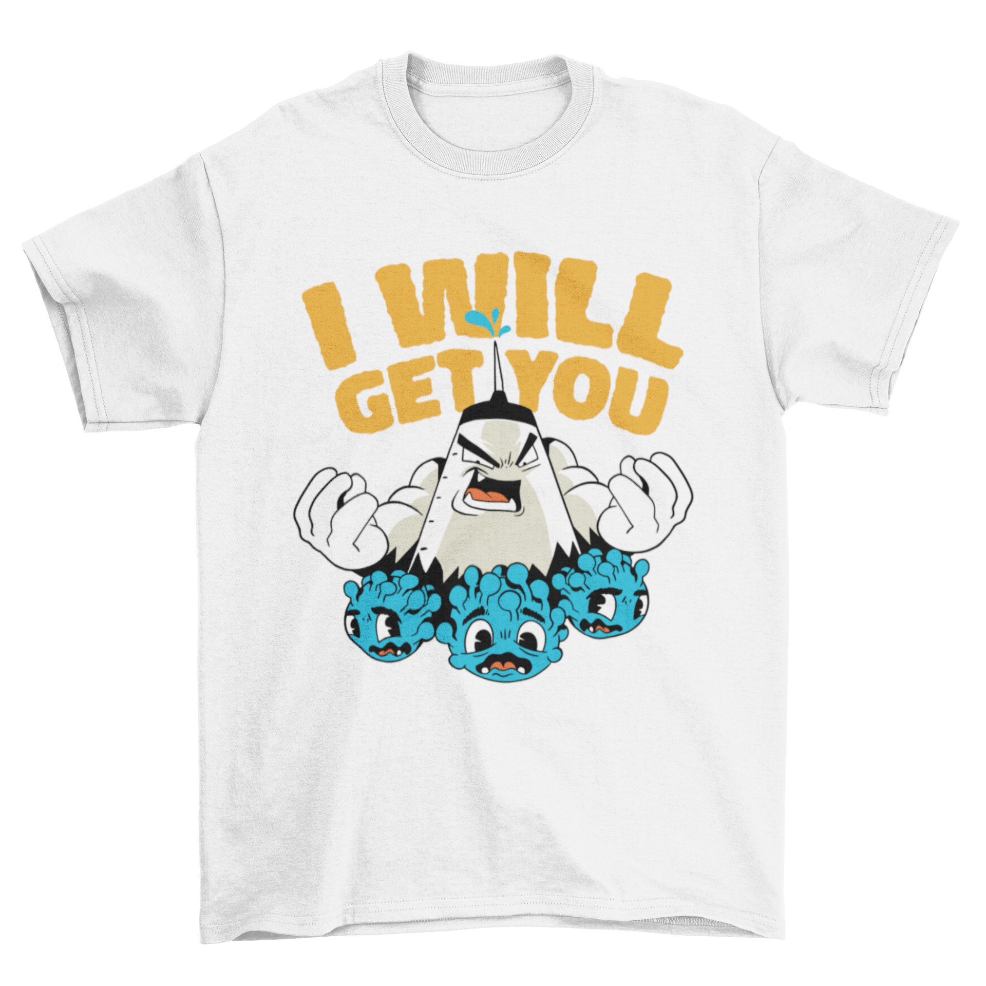 Vaccine virus cartoon t-shirt design featuring a playful vaccine and virus with the quote 'I will get you'.