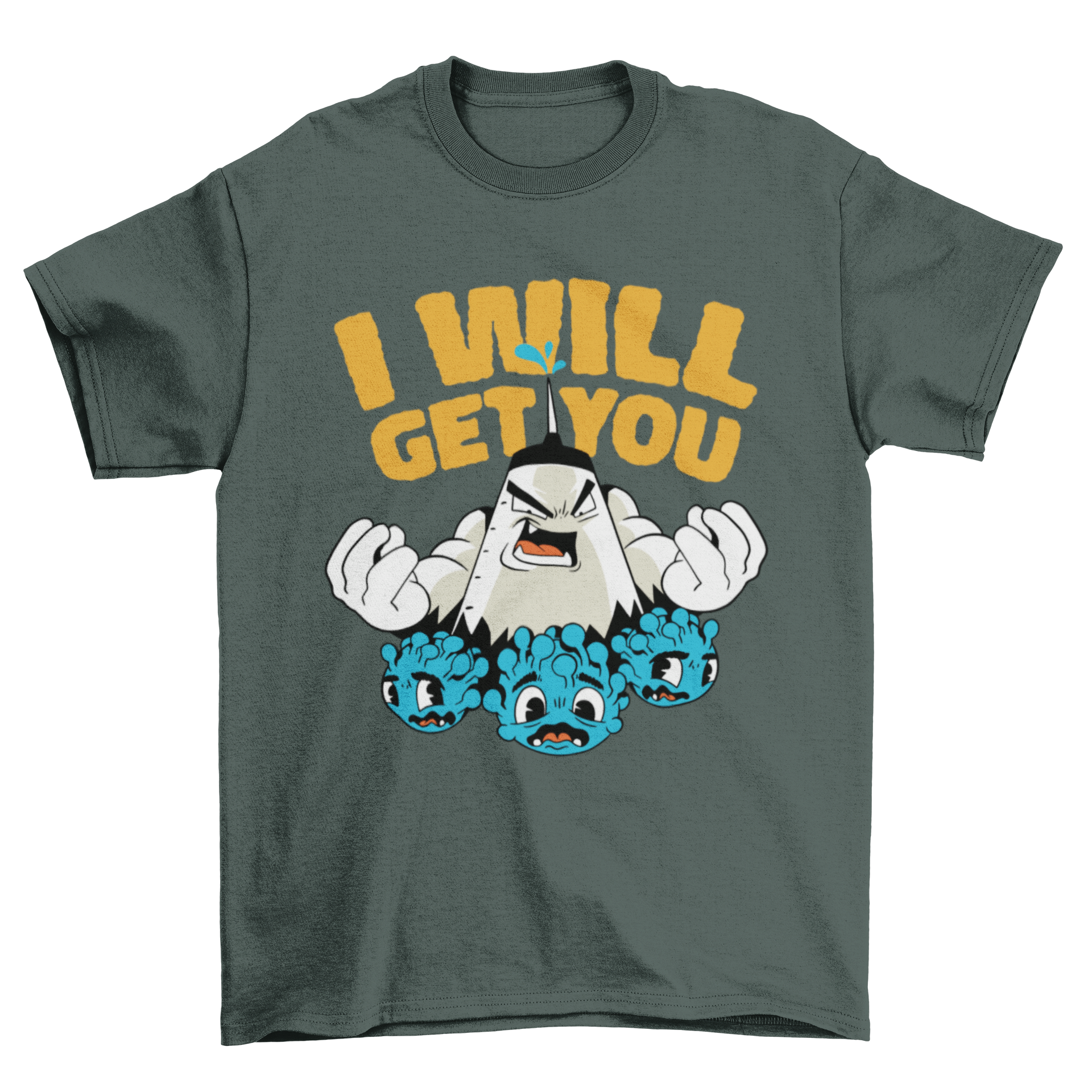 Vaccine virus cartoon t-shirt design featuring a playful vaccine and virus with the quote 'I will get you'.