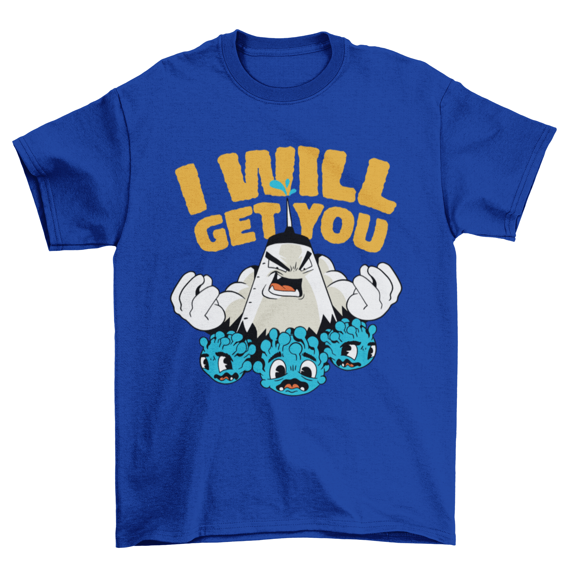 Vaccine virus cartoon t-shirt design featuring a playful vaccine and virus with the quote 'I will get you'.