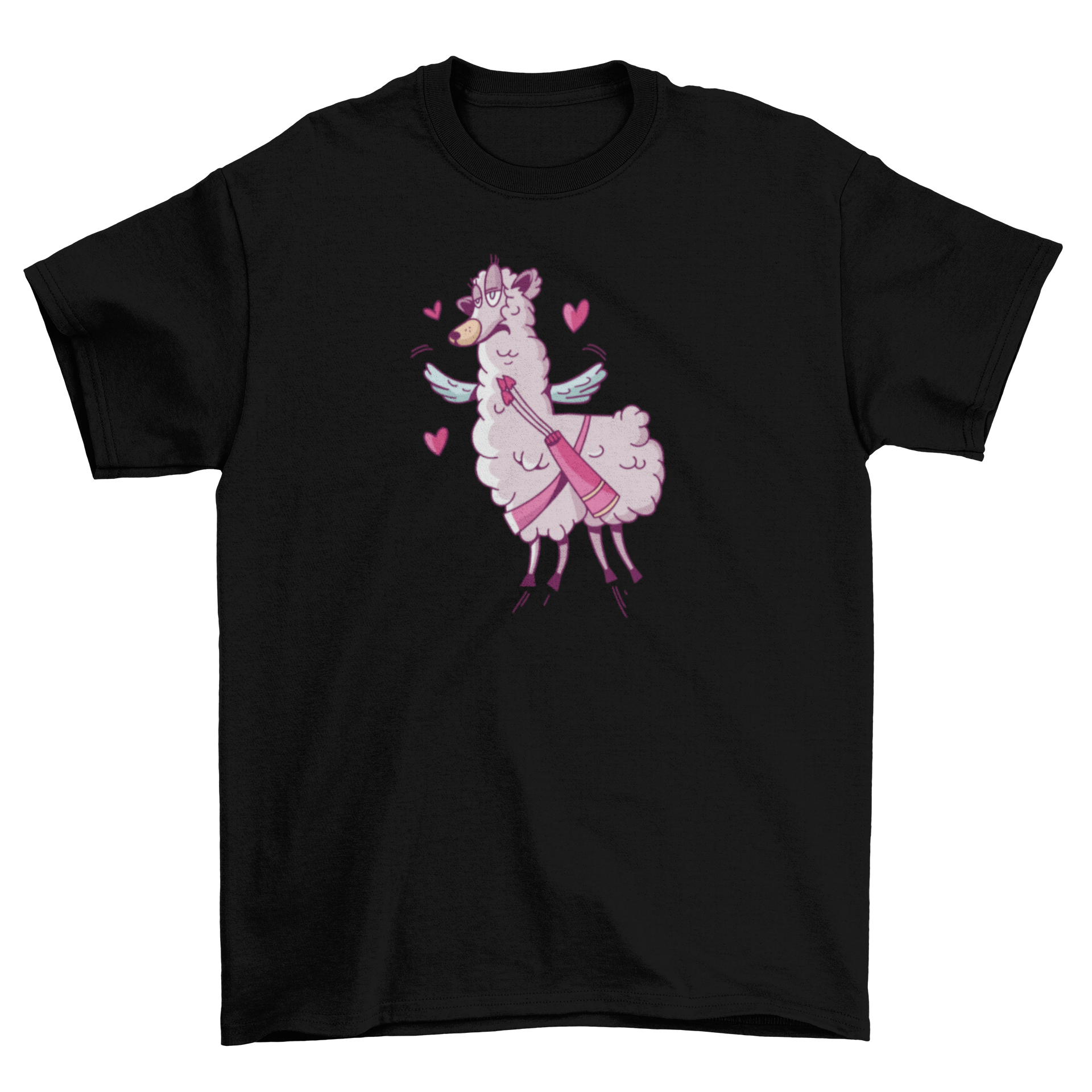 A cute Valentine llama t-shirt featuring a winged llama surrounded by colorful hearts, perfect for celebrating love.