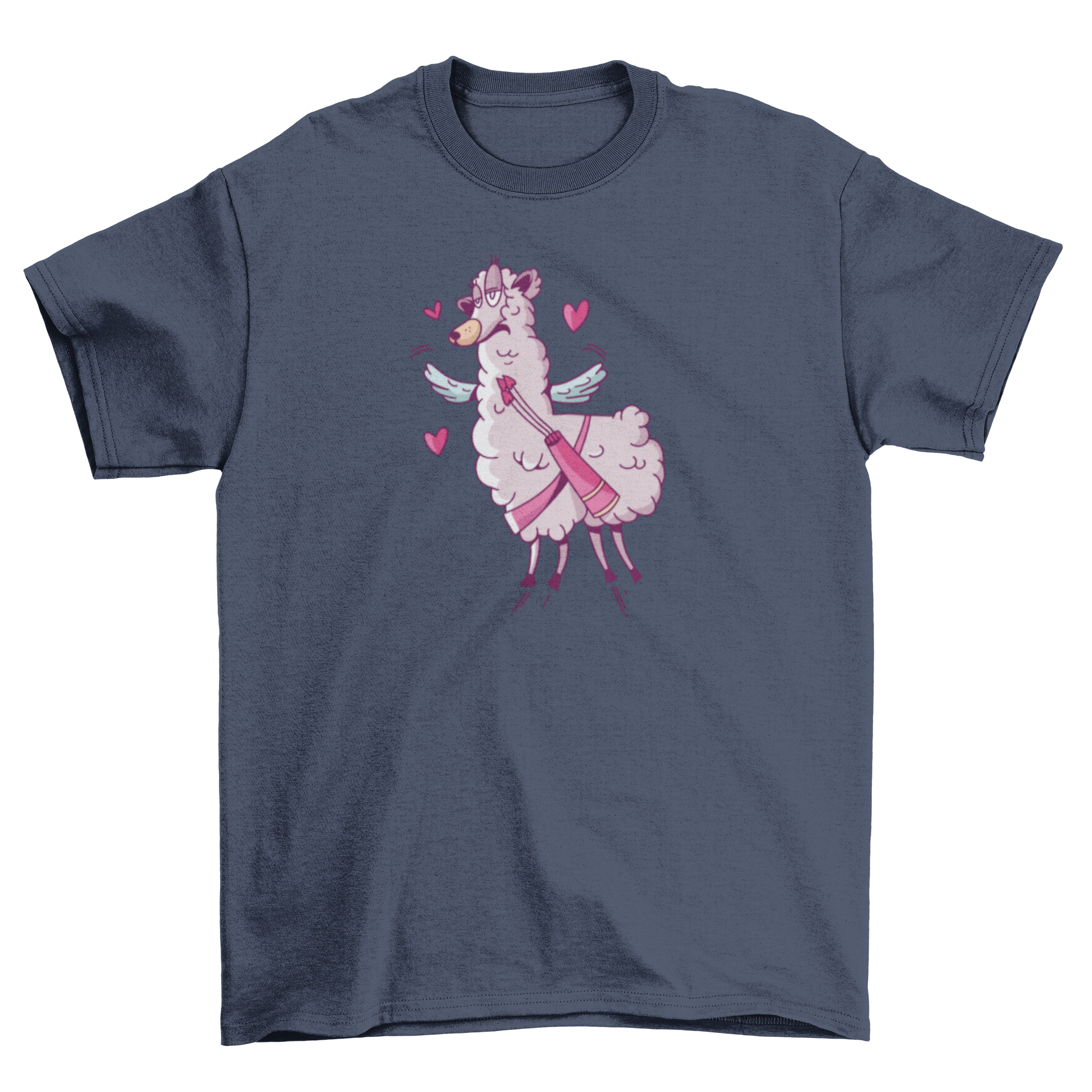 A cute Valentine llama t-shirt featuring a winged llama surrounded by colorful hearts, perfect for celebrating love.