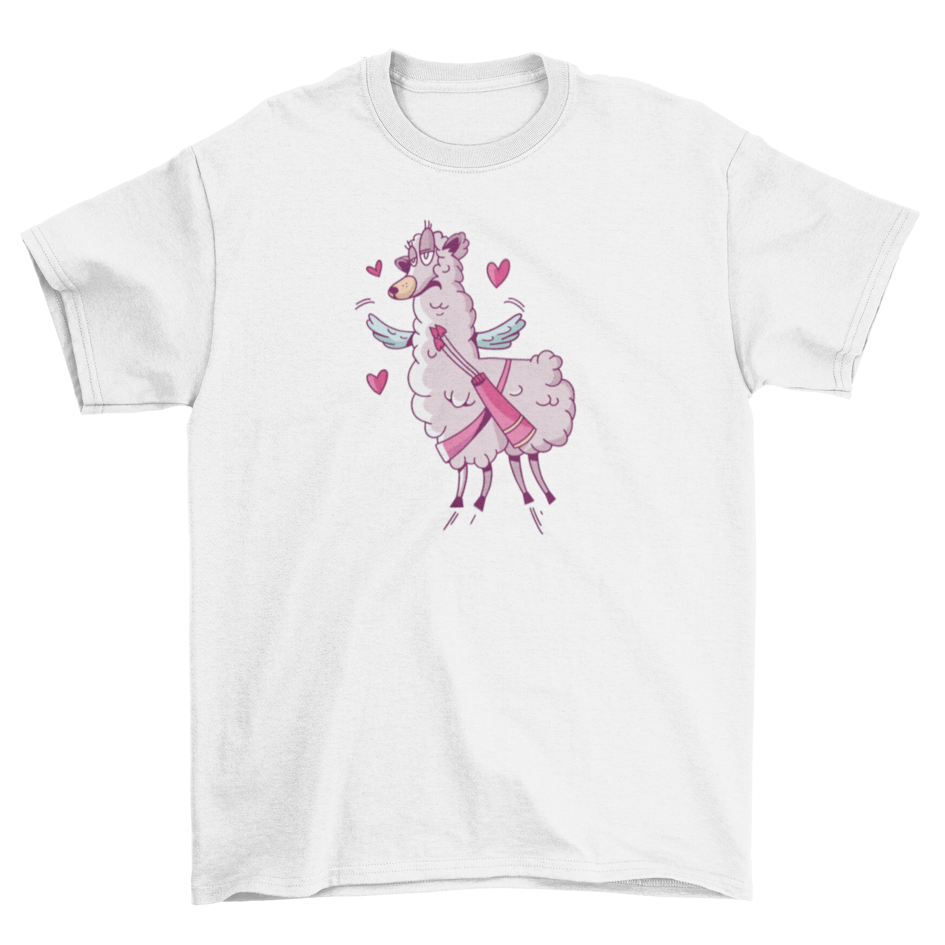 A cute Valentine llama t-shirt featuring a winged llama surrounded by colorful hearts, perfect for celebrating love.