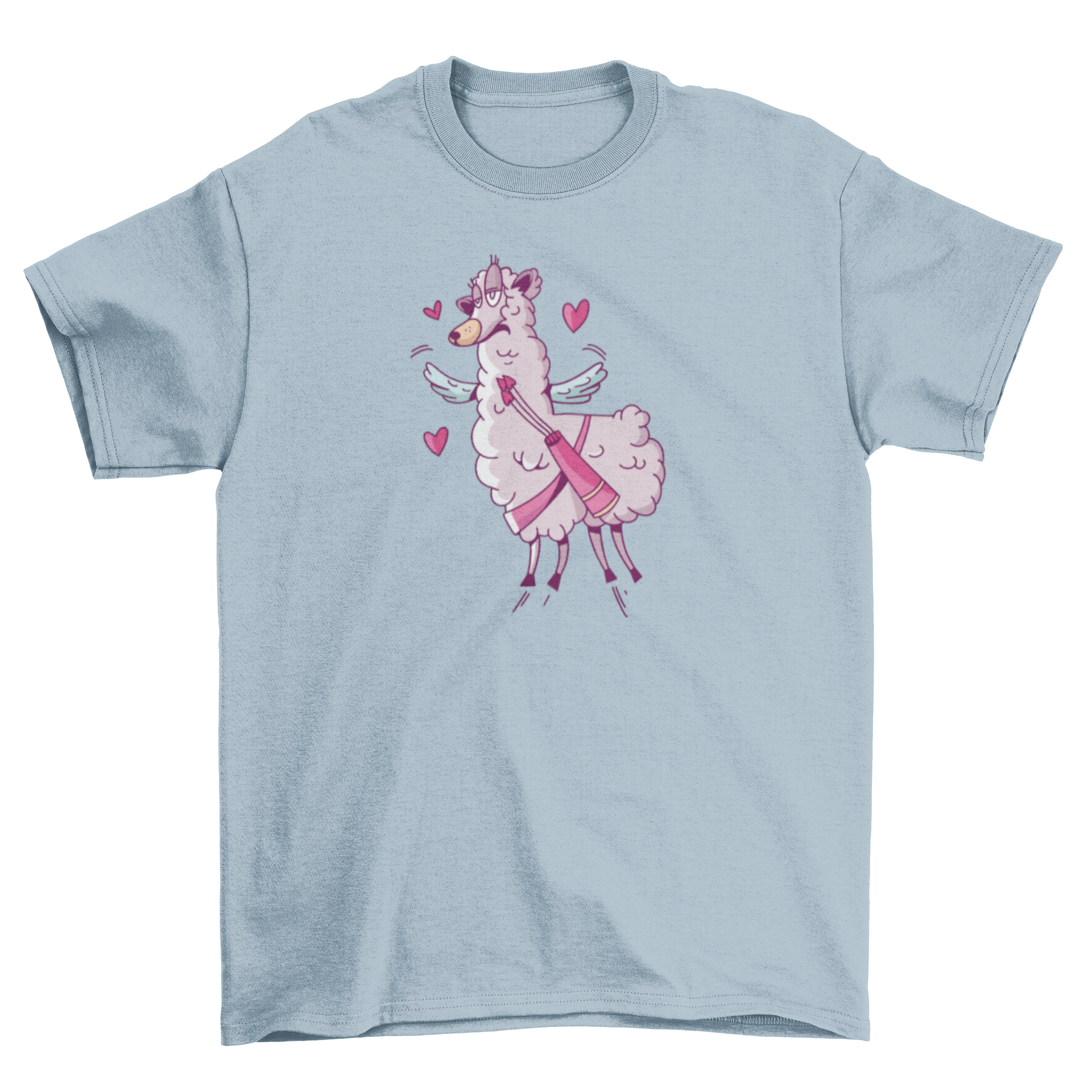 A cute Valentine llama t-shirt featuring a winged llama surrounded by colorful hearts, perfect for celebrating love.