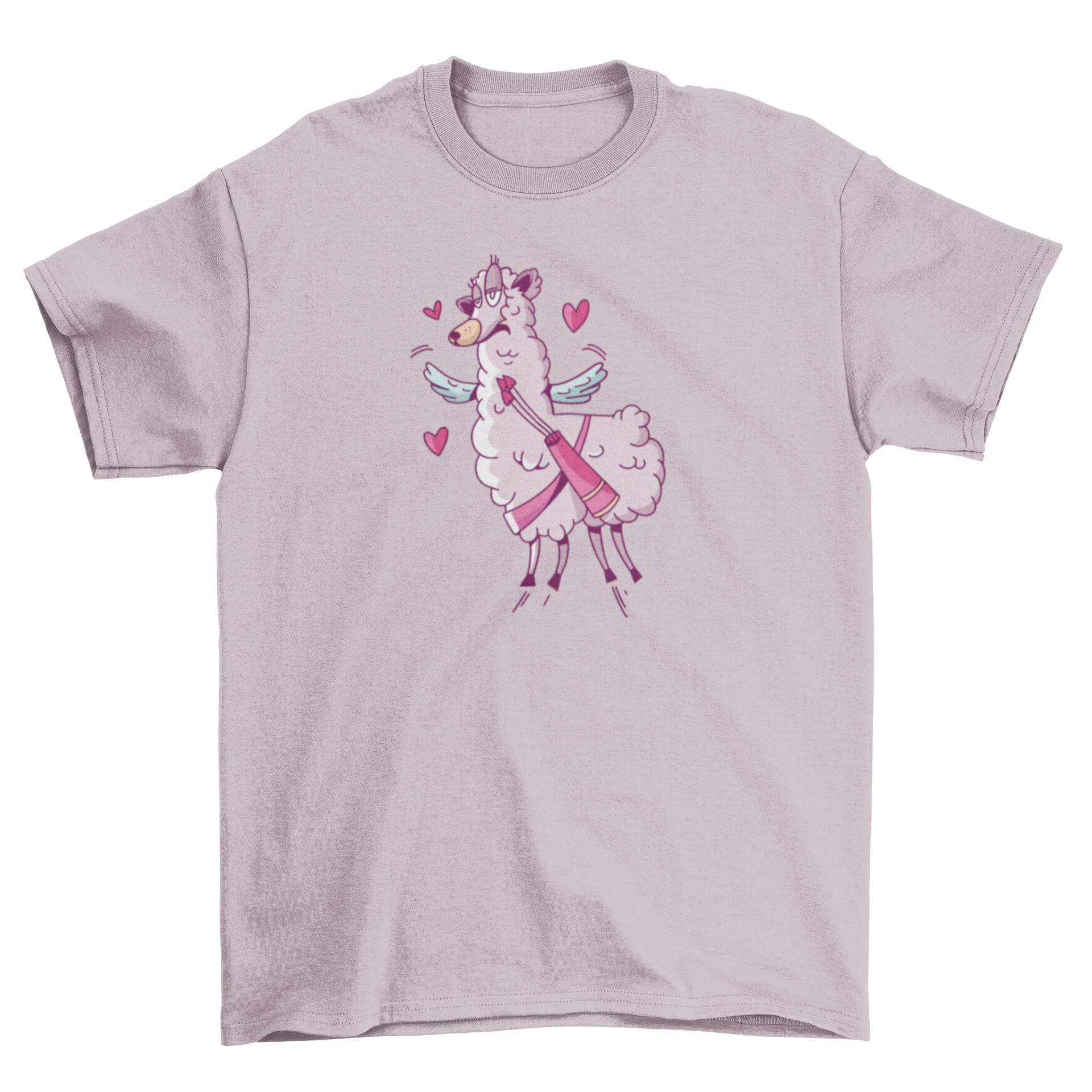 A cute Valentine llama t-shirt featuring a winged llama surrounded by colorful hearts, perfect for celebrating love.