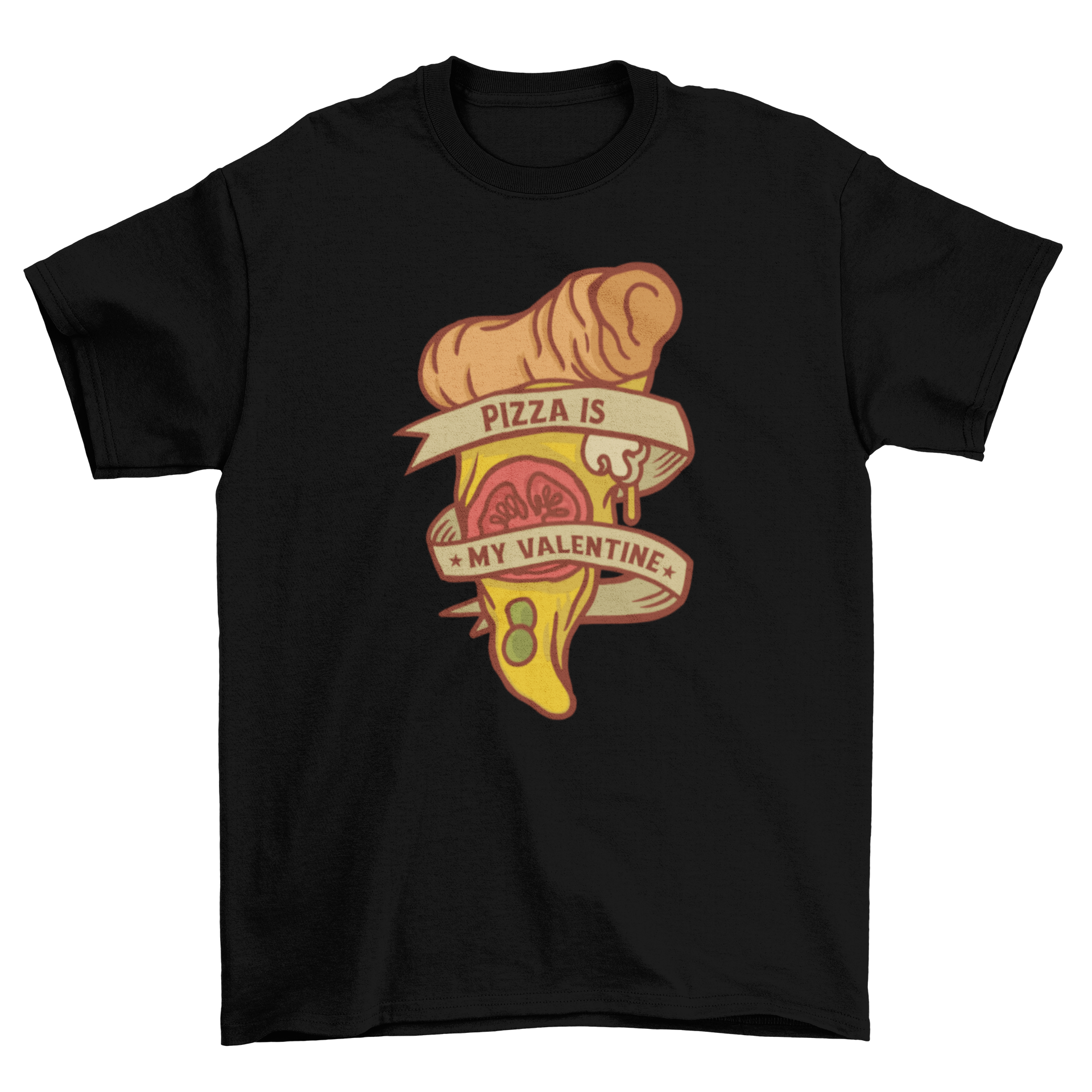 A humorous Valentine pizza t-shirt featuring a pizza slice with a ribbon and the text 'Pizza is my Valentine'.