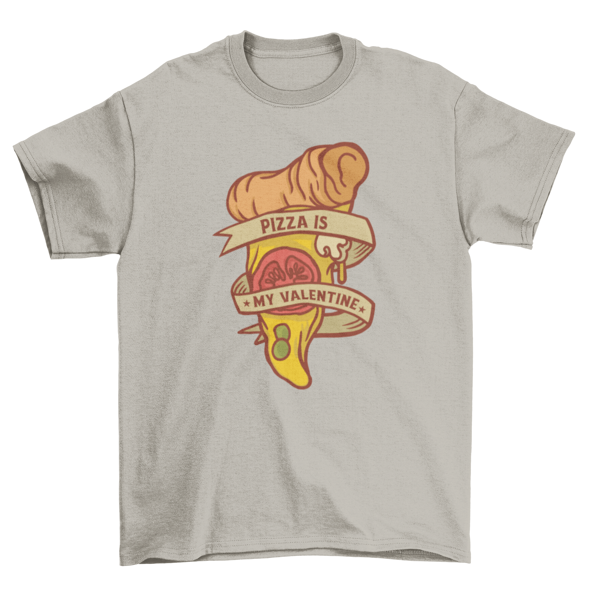 A humorous Valentine pizza t-shirt featuring a pizza slice with a ribbon and the text 'Pizza is my Valentine'.