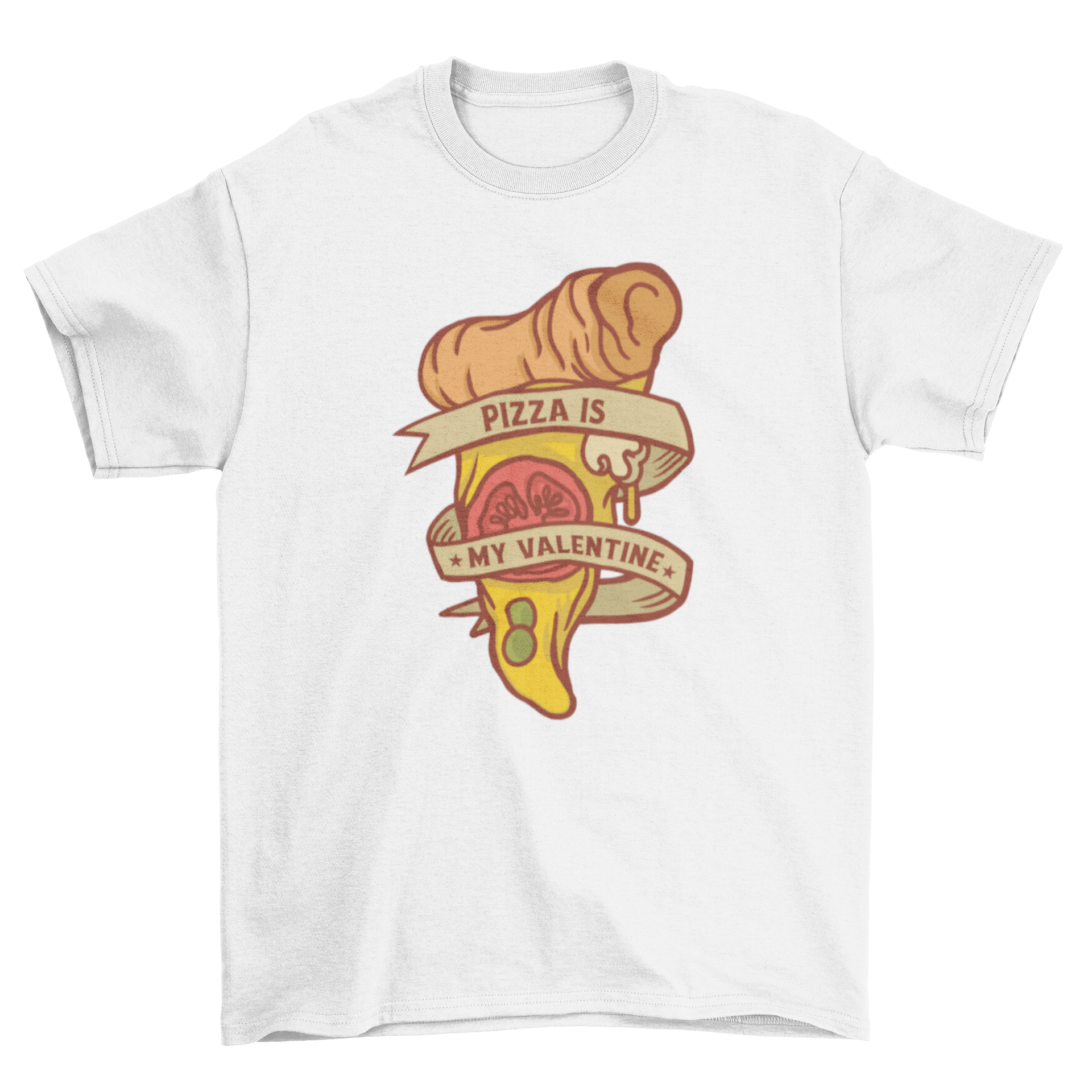 A humorous Valentine pizza t-shirt featuring a pizza slice with a ribbon and the text 'Pizza is my Valentine'.