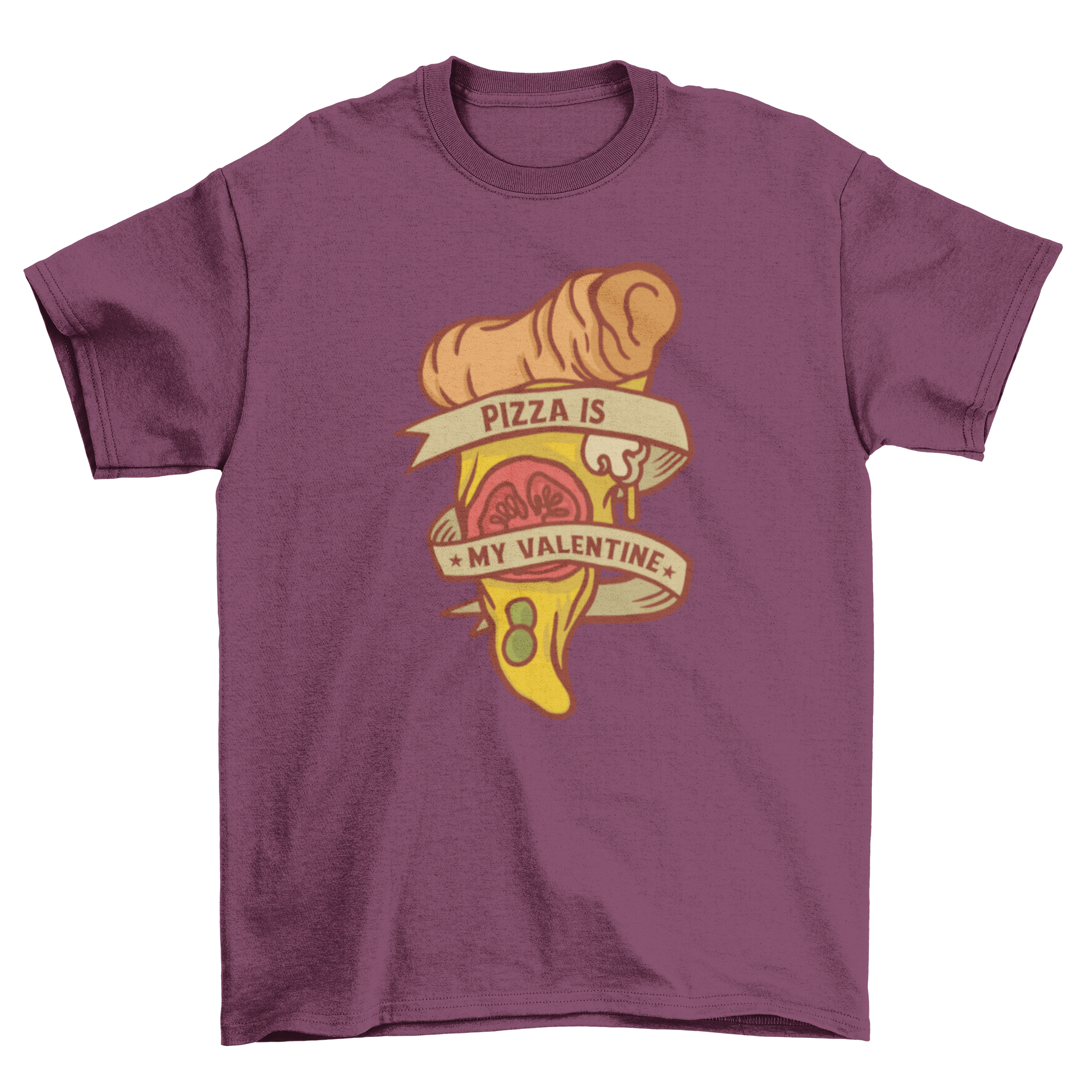 A humorous Valentine pizza t-shirt featuring a pizza slice with a ribbon and the text 'Pizza is my Valentine'.