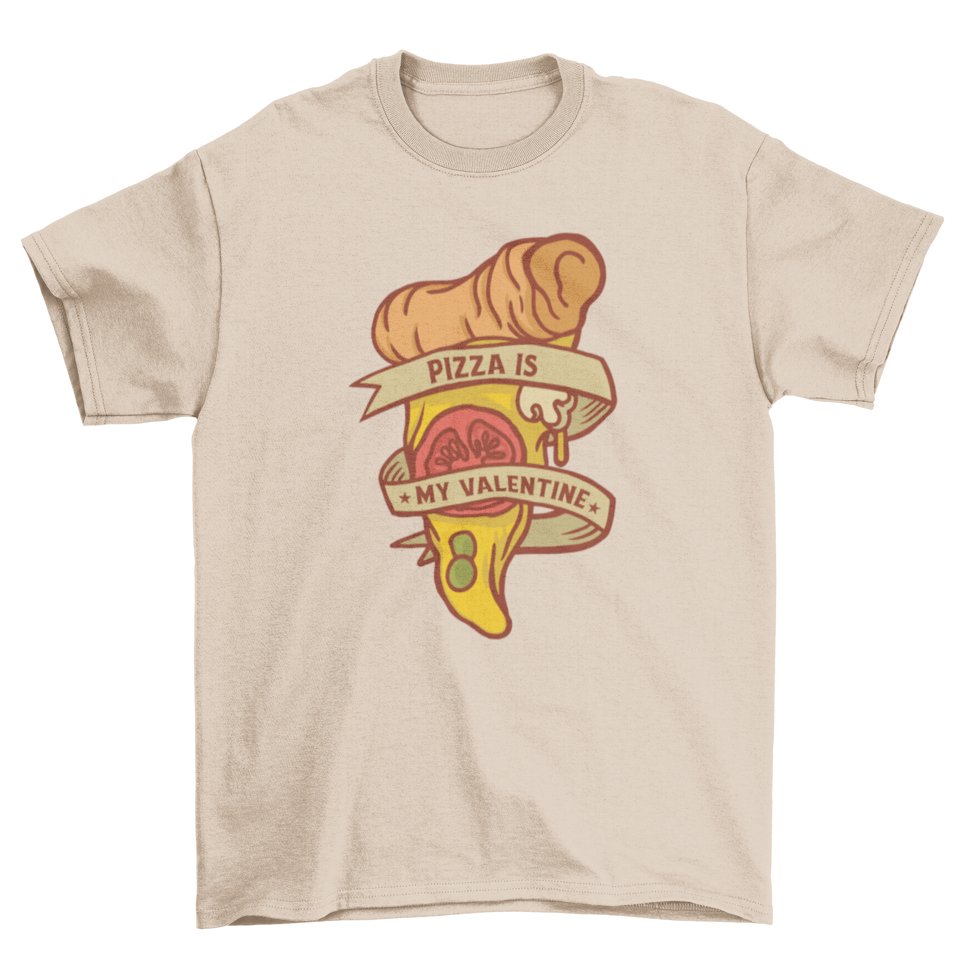 A humorous Valentine pizza t-shirt featuring a pizza slice with a ribbon and the text 'Pizza is my Valentine'.